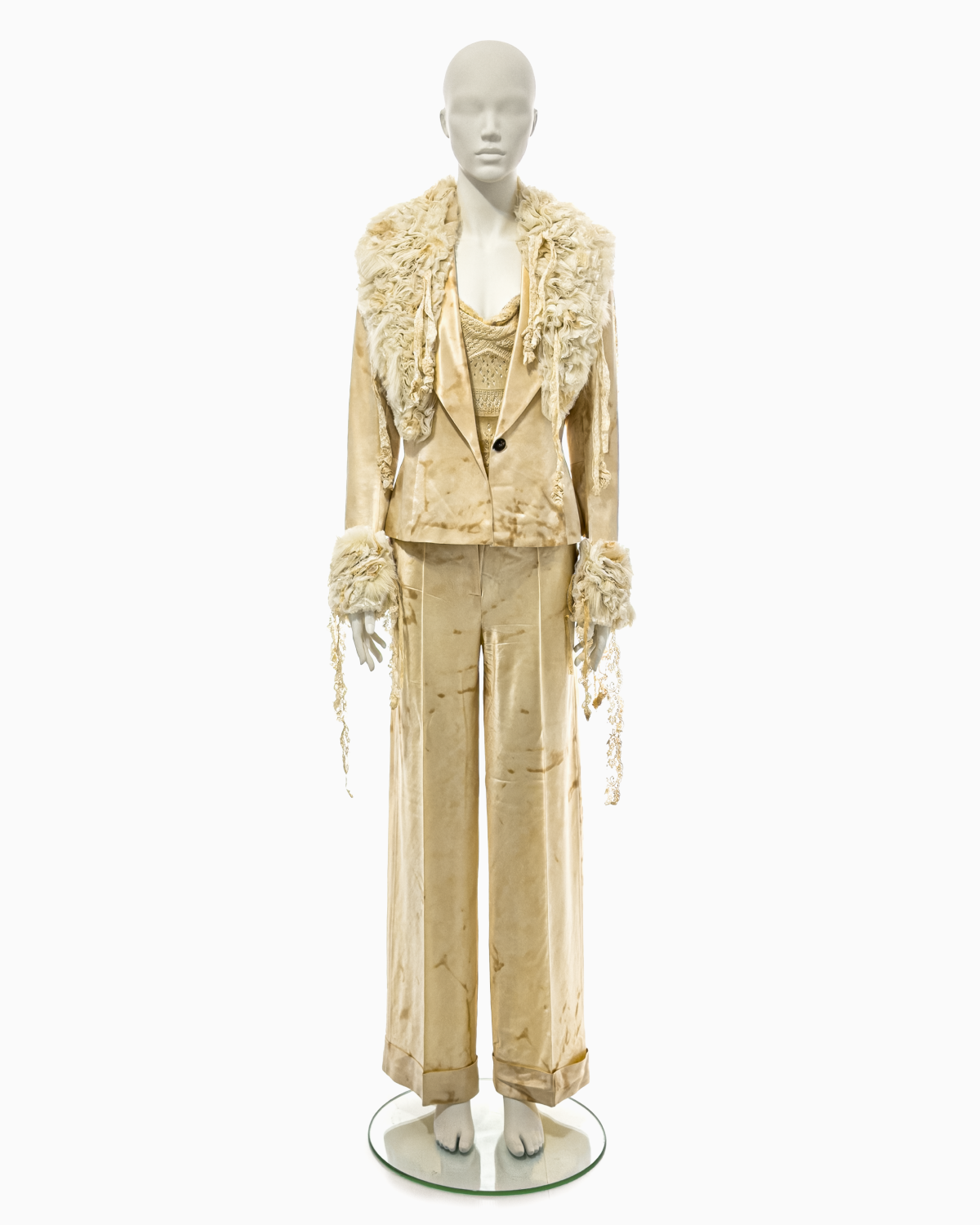 John Galliano Tea-Stained Cream Silk Top, Jacket and Pant Ensemble with Mongolian Lamb and Antique Lace Details, Fall/Winter 2001