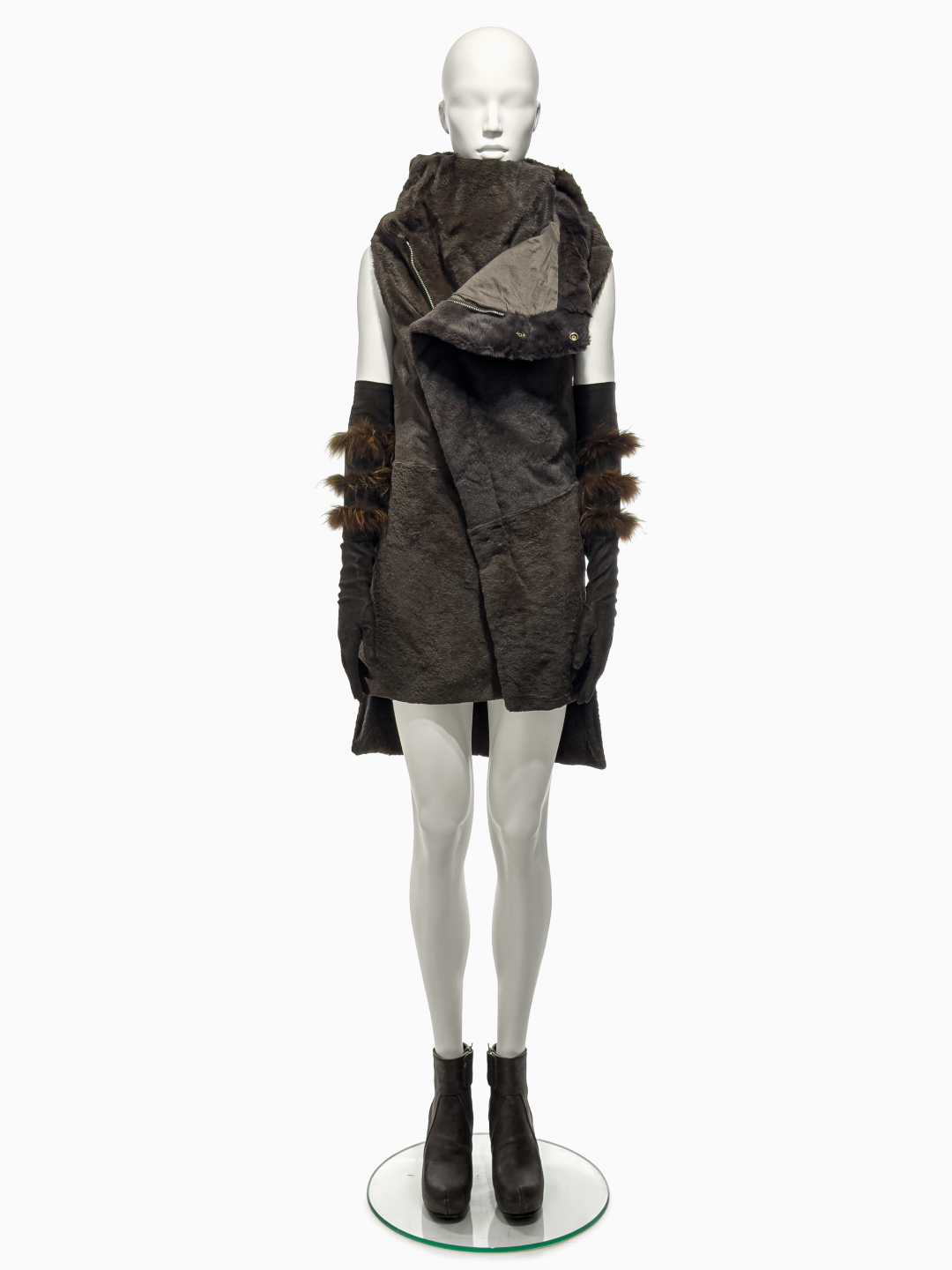 Rick Owens Brown Kangaroo Fur Asymmetrical Vest, Brown Lamb Leather Gloves with Fox Fur Bands and Brown Blistered Lamb Leather Wedges, Fall/Winter 2010 "Gleam"