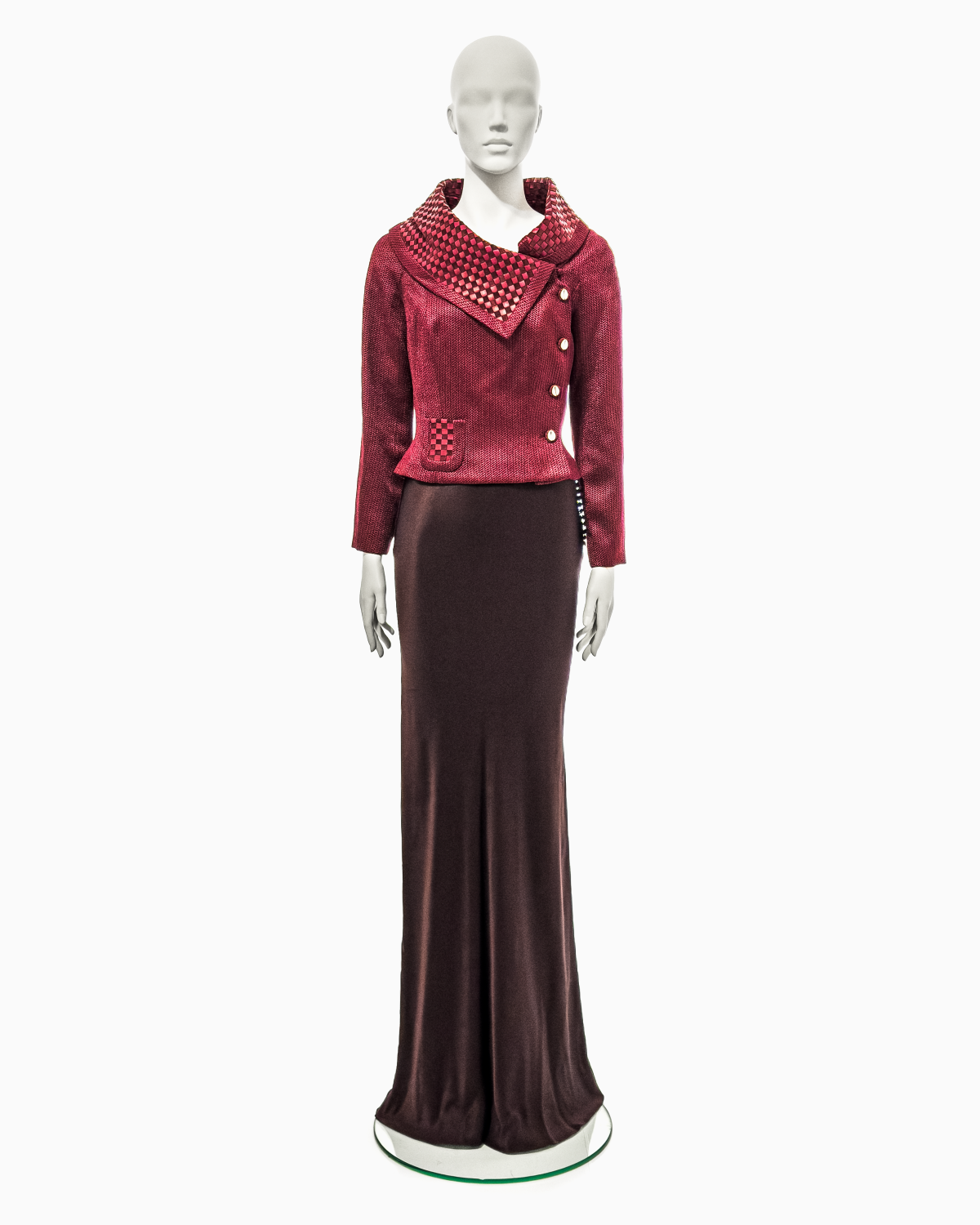 John Galliano Burgundy Viscose and Leather Jacket and Maxi Skirt Ensemble, Fall/Winter 1999 “Maori”