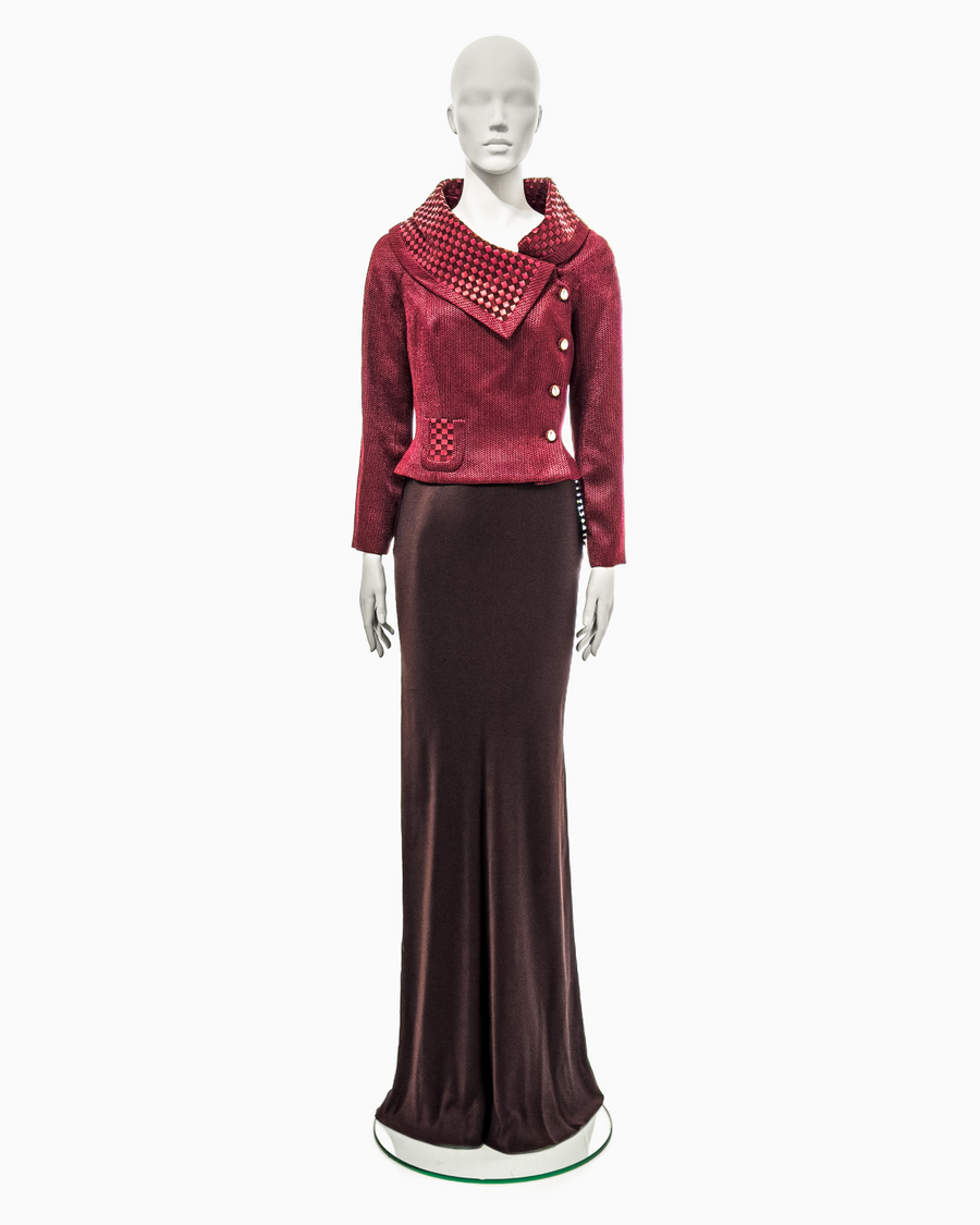 John Galliano Burgundy Viscose and Leather Jacket and Maxi Skirt Ensemble, Fall/Winter 1999 “Maori”