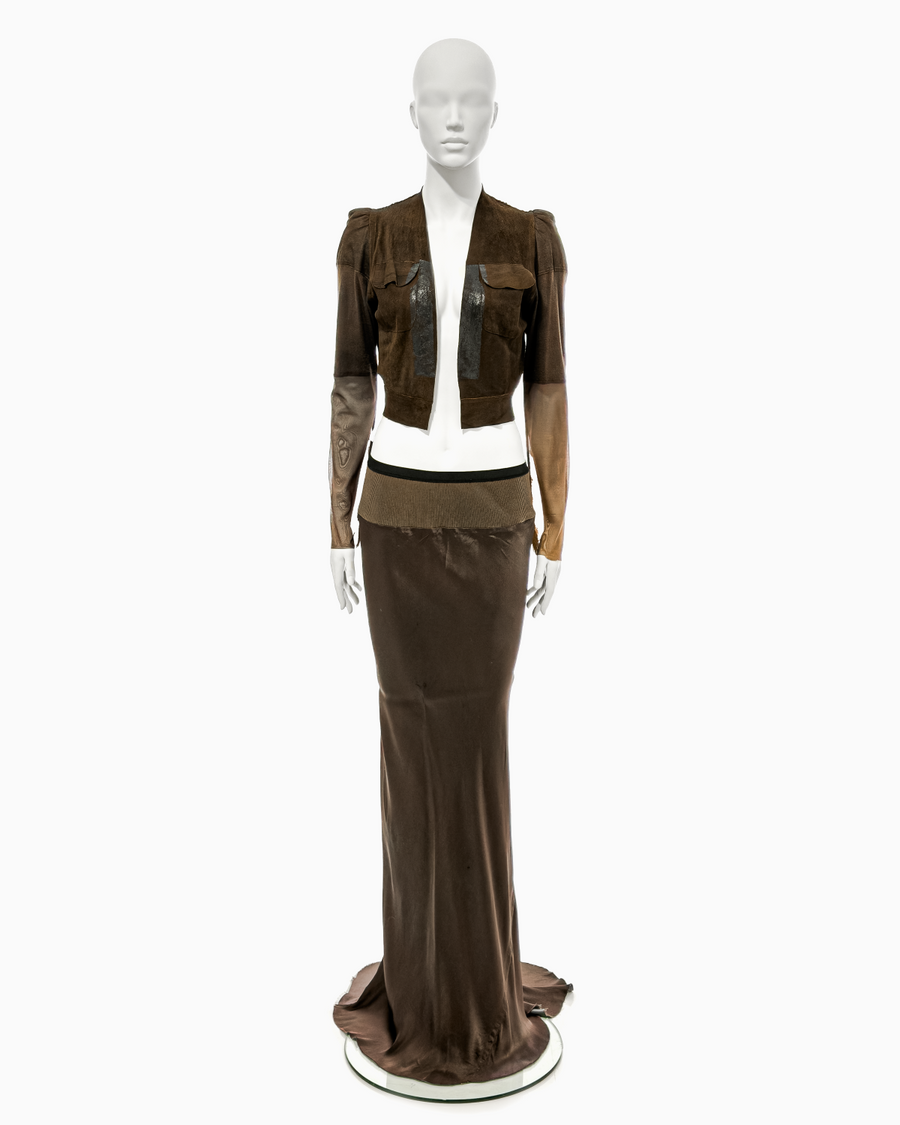 Rick Owens Brown Leather Jacket with Mesh Sleeves and Silk Fishtail Skirt Ensemble, 1997