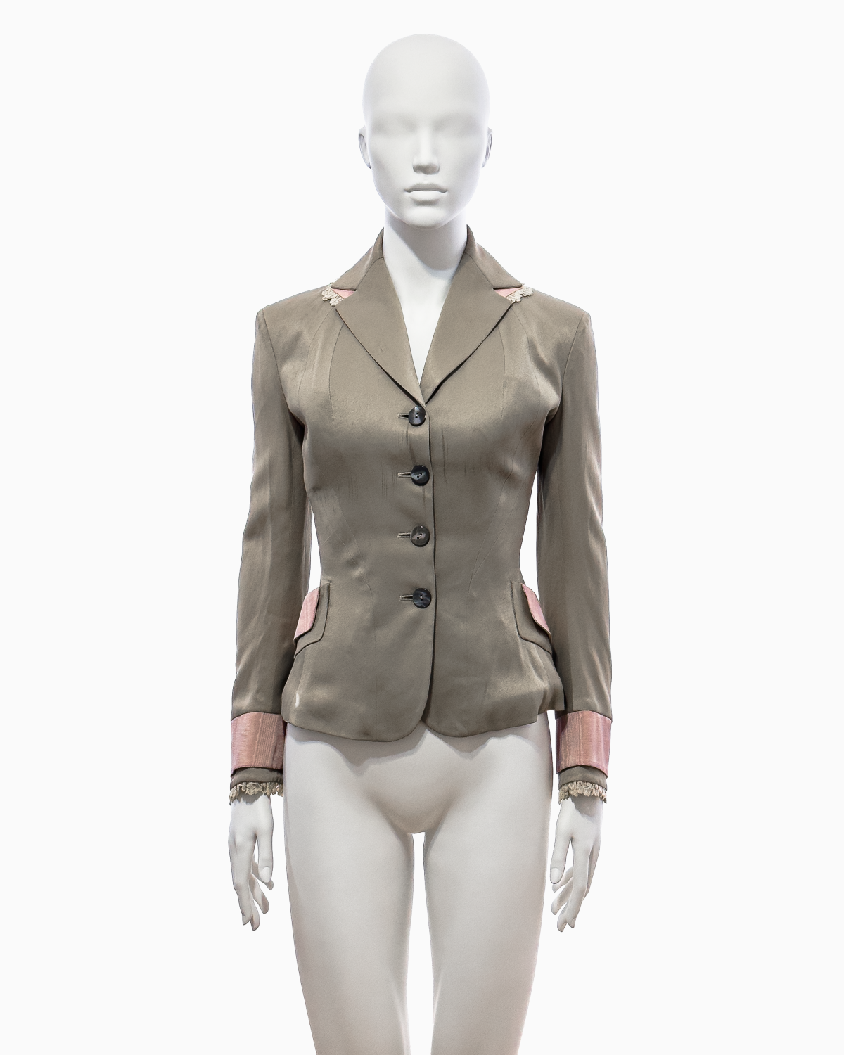 John Galliano Khaki Silk Jacket with Pink Moiré Accents and Lace Trim, Spring/Summer 1995