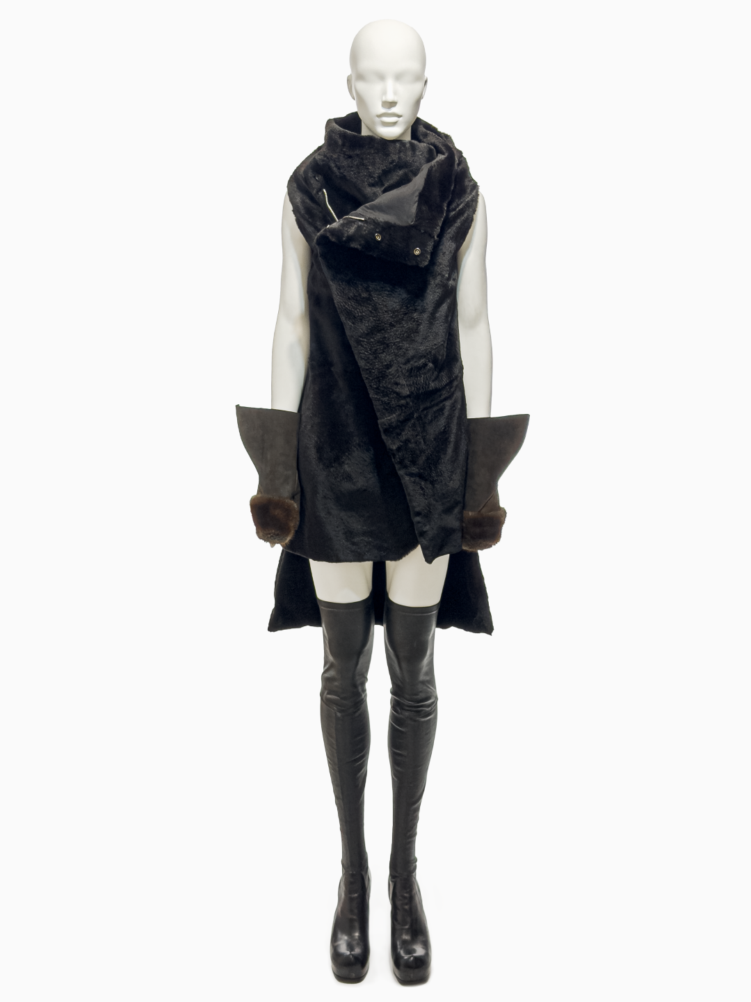 Rick Owens Black Kangaroo Fur Asymmetrical Vest, Grey Leather Gloves with Mink Trimming and Black Lamb Leather Wedges, Fall/Winter 2010 "Gleam"