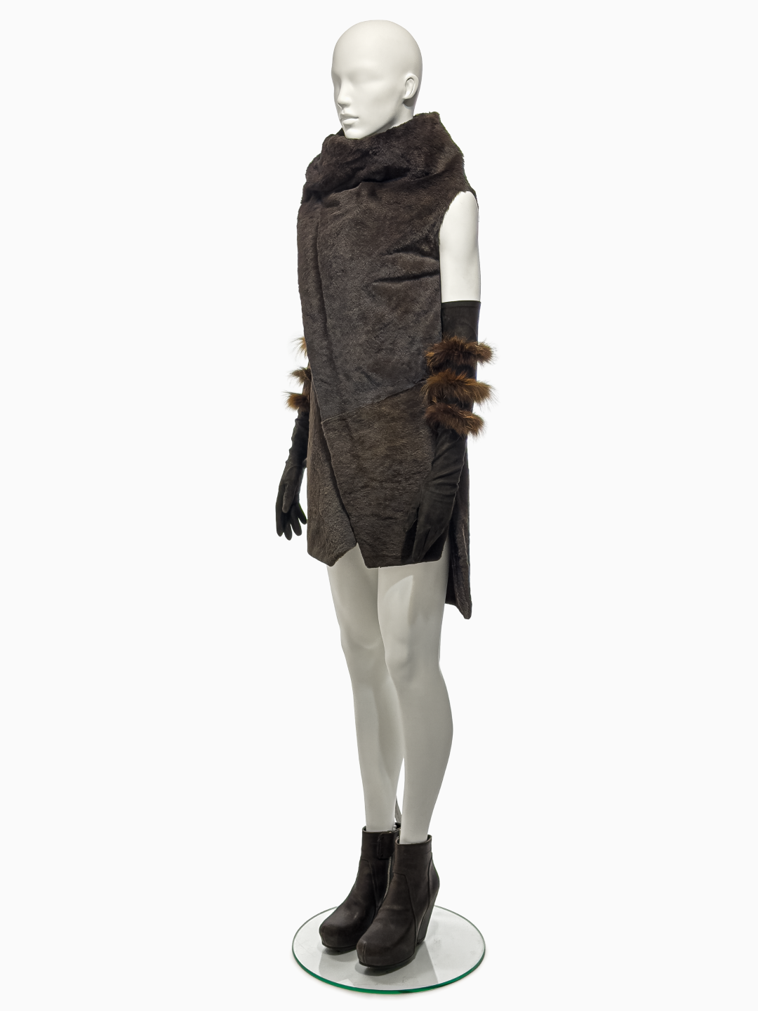 Rick Owens Brown Kangaroo Fur Asymmetrical Vest, Brown Lamb Leather Gloves with Fox Fur Bands and Brown Blistered Lamb Leather Wedges, Fall/Winter 2010 "Gleam"