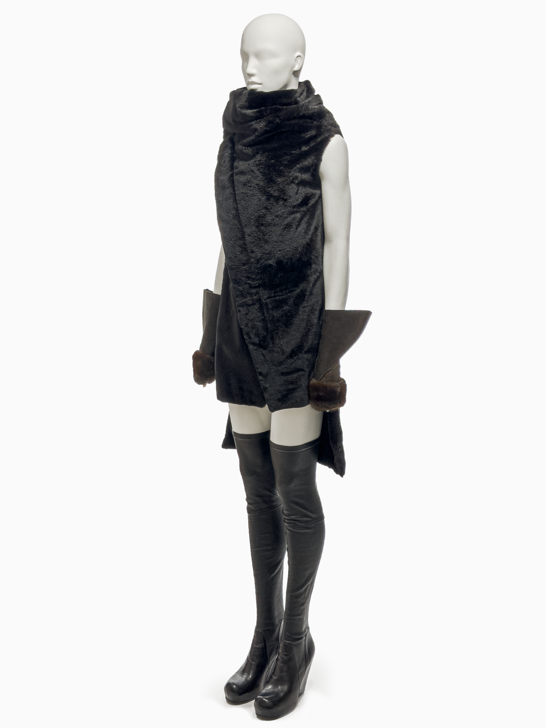 Rick Owens Black Kangaroo Fur Asymmetrical Vest, Grey Leather Gloves with Mink Trimming and Black Lamb Leather Wedges, Fall/Winter 2010 "Gleam"