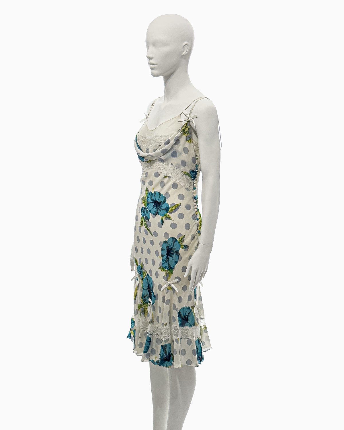 Christian Dior by John Galliano Blue Polka Dotted White Silk Midi Dress with Bows, Lace Details and Sequined Floral Motifs, Spring/Summer 2005