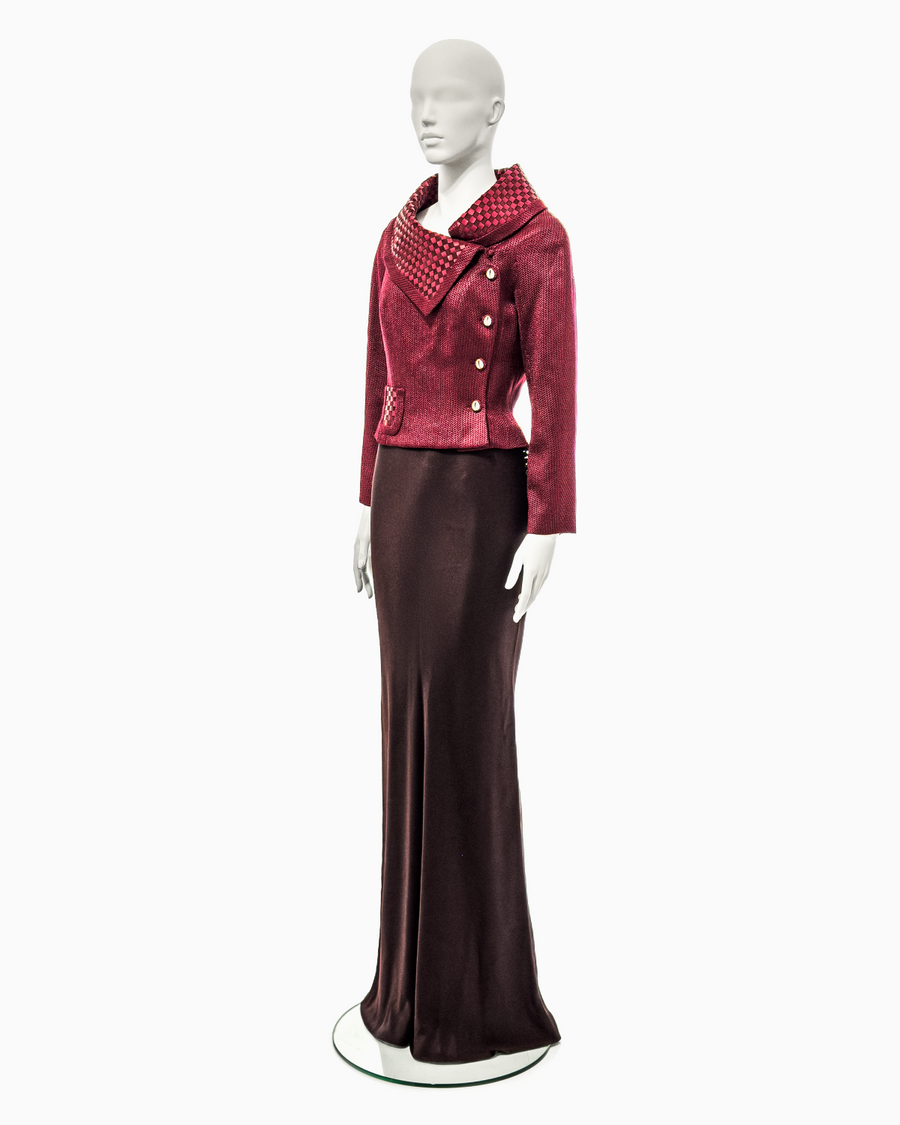 John Galliano Burgundy Viscose and Leather Jacket and Maxi Skirt Ensemble, Fall/Winter 1999 “Maori”