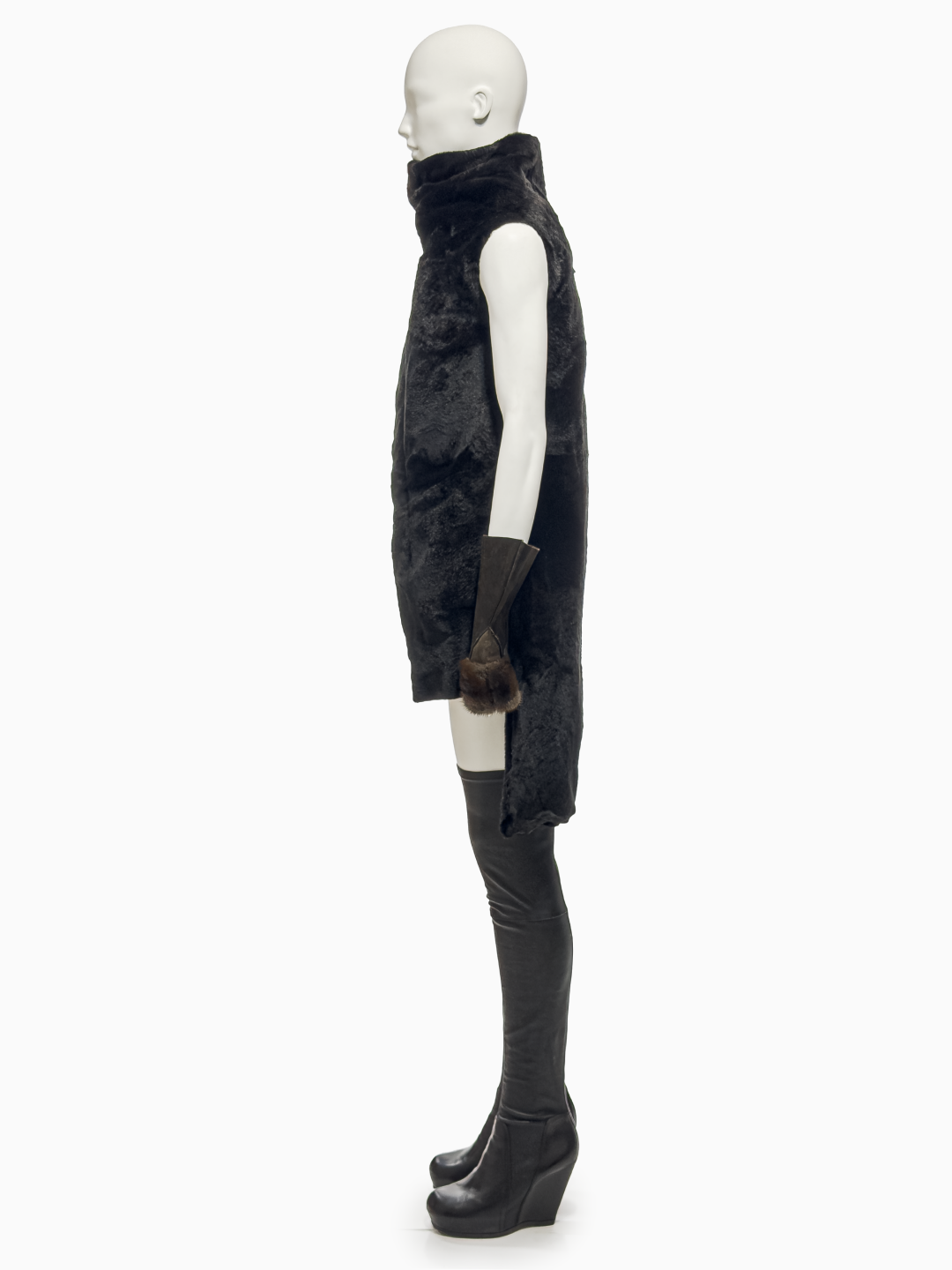 Rick Owens Black Kangaroo Fur Asymmetrical Vest, Grey Leather Gloves with Mink Trimming and Black Lamb Leather Wedges, Fall/Winter 2010 "Gleam"