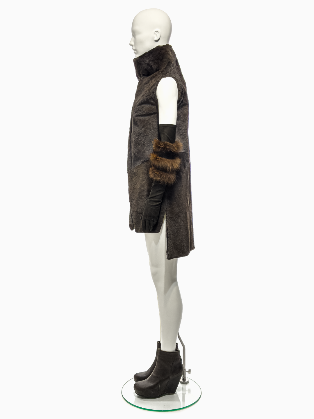Rick Owens Brown Kangaroo Fur Asymmetrical Vest, Brown Lamb Leather Gloves with Fox Fur Bands and Brown Blistered Lamb Leather Wedges, Fall/Winter 2010 "Gleam"