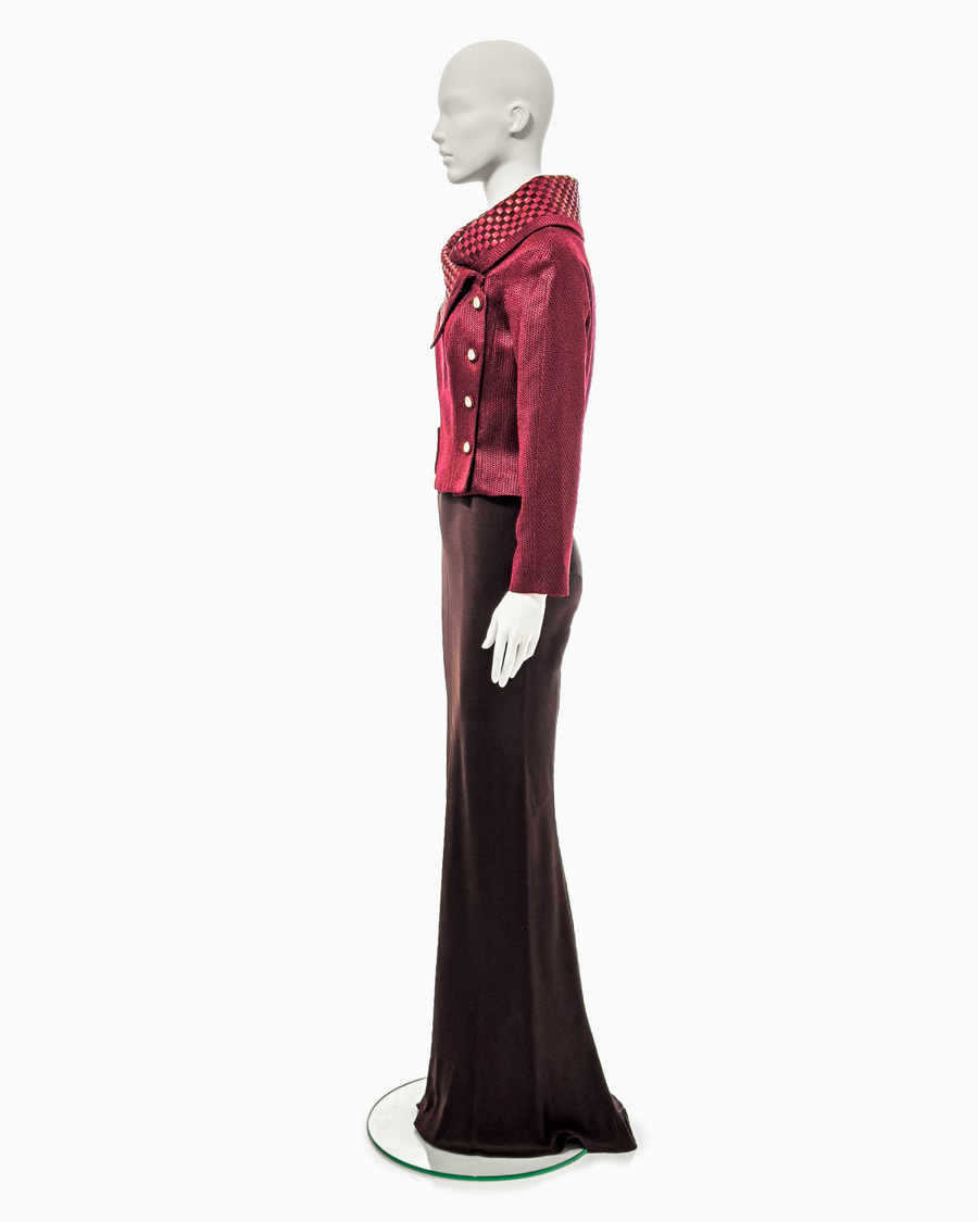 John Galliano Burgundy Viscose and Leather Jacket and Maxi Skirt Ensemble, Fall/Winter 1999 “Maori”