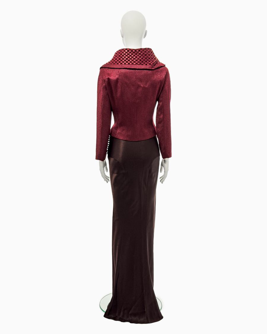 John Galliano Burgundy Viscose and Leather Jacket and Maxi Skirt Ensemble, Fall/Winter 1999 “Maori”