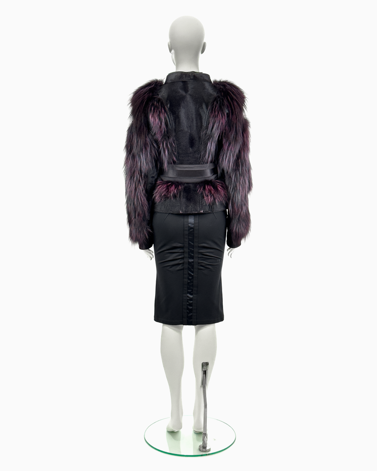 Gucci by Tom Ford Violet Fox Fur Leather Jacket with Corset Belt And Pencil Skirt Ensemble, Fall/Winter 2004