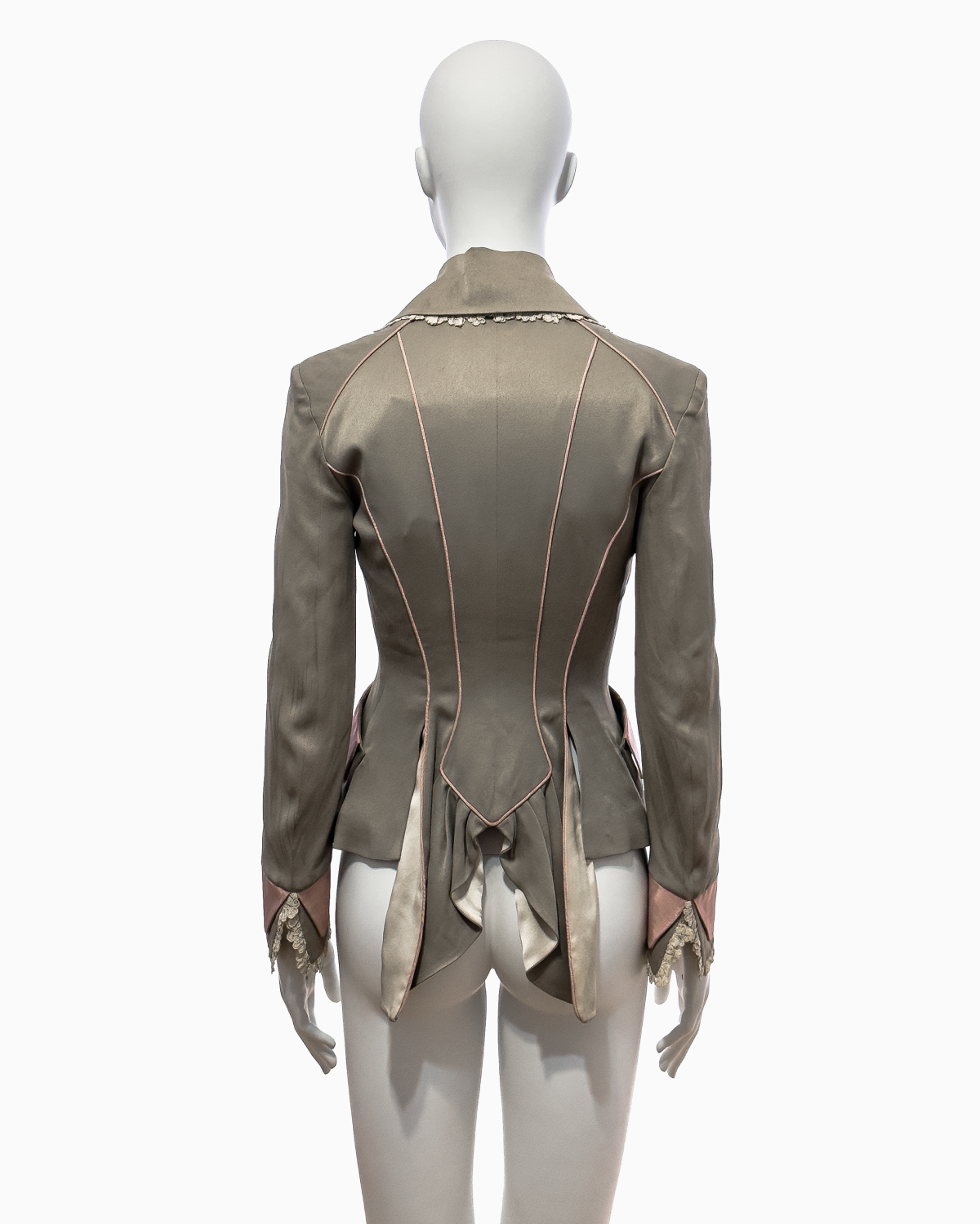 John Galliano Khaki Silk Jacket with Pink Moiré Accents and Lace Trim, Spring/Summer 1995