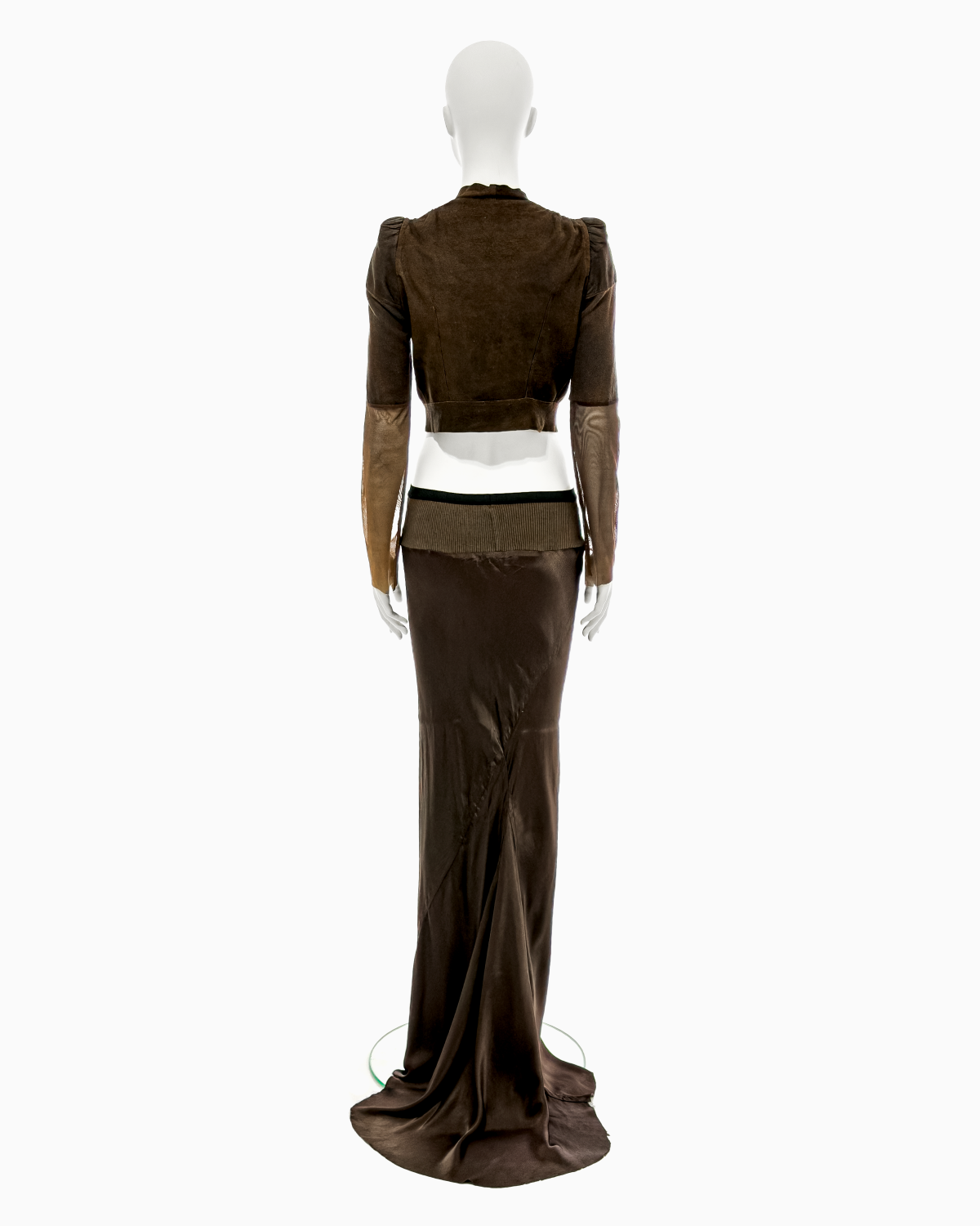 Rick Owens Brown Leather Jacket with Mesh Sleeves and Silk Fishtail Skirt Ensemble, 1997