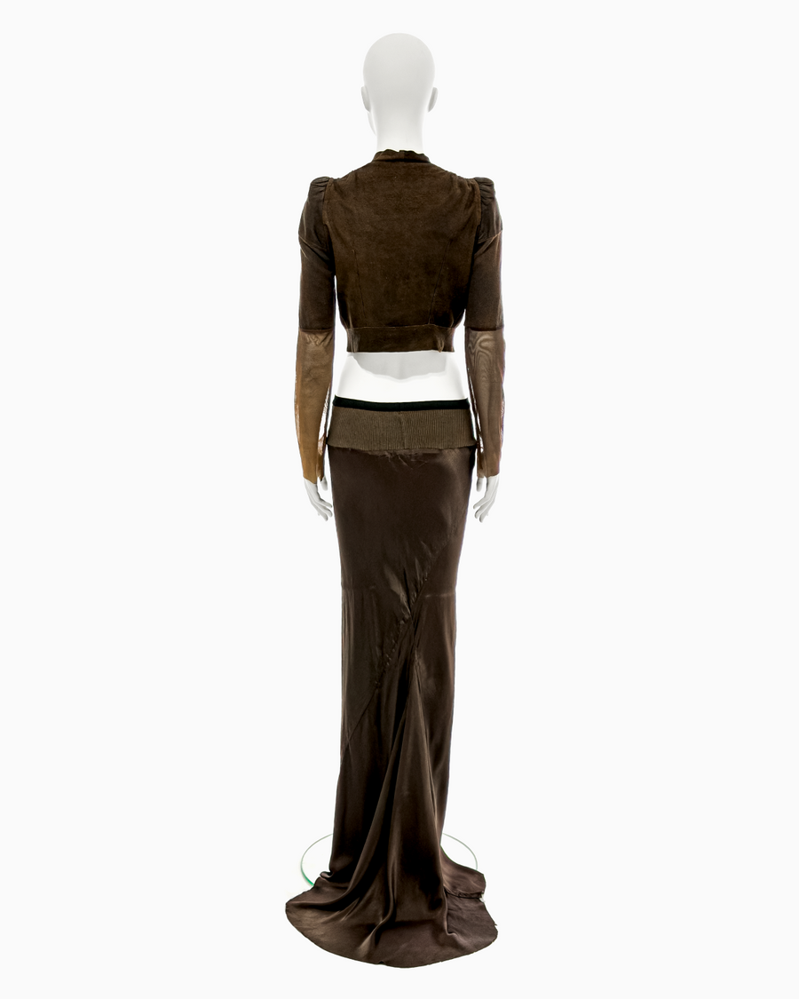 Rick Owens Brown Leather Jacket with Mesh Sleeves and Silk Fishtail Skirt Ensemble, 1997