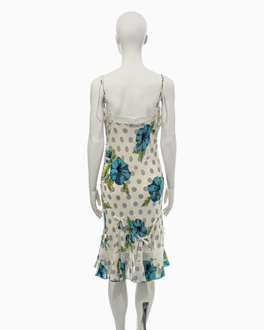 Christian Dior by John Galliano Blue Polka Dotted White Silk Midi Dress with Bows, Lace Details and Sequined Floral Motifs, Spring/Summer 2005