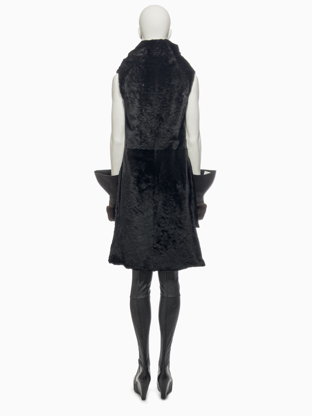 Rick Owens Black Kangaroo Fur Asymmetrical Vest, Grey Leather Gloves with Mink Trimming and Black Lamb Leather Wedges, Fall/Winter 2010 "Gleam"