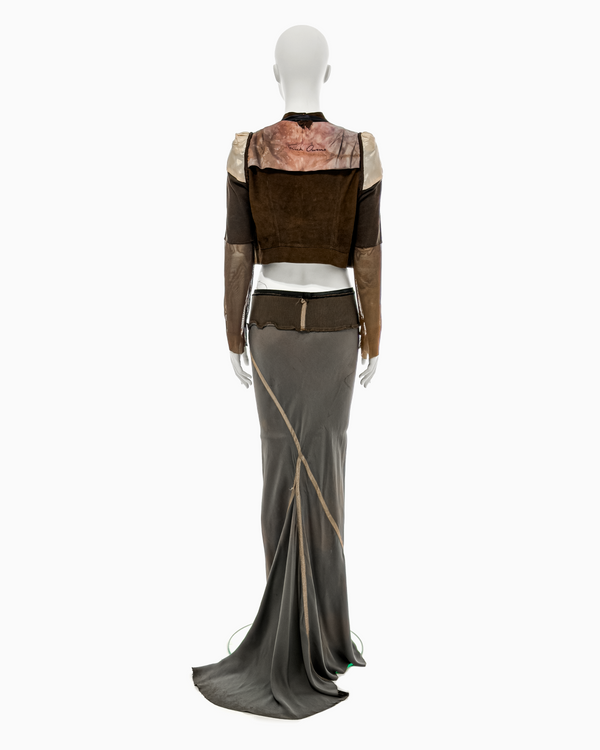 Rick Owens Brown Leather Jacket with Mesh Sleeves and Silk Fishtail Skirt Ensemble, 1997