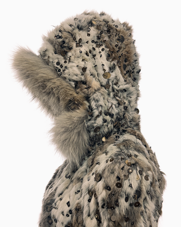 Alexander McQueen Beige Rabbit and Fox Fur Hooded Jacket with Bronze, Metal and Sequin Beads Embroidery, Fall/Winter 2003