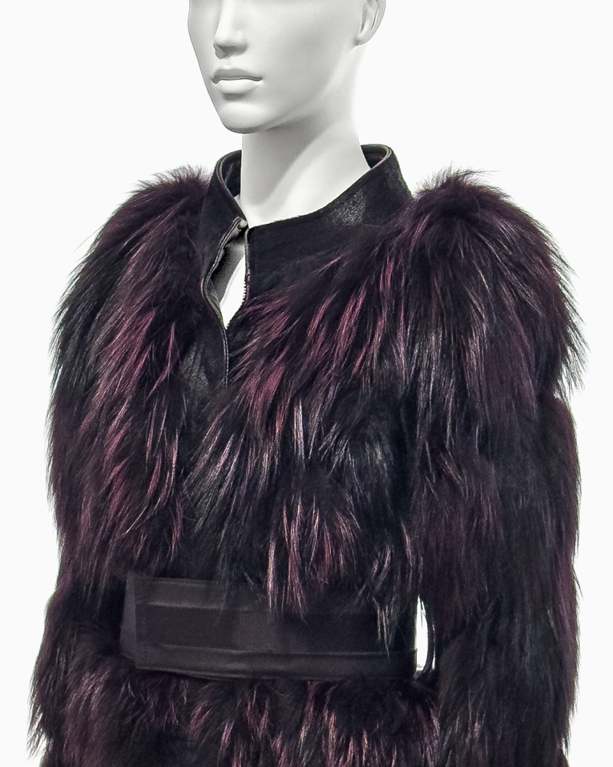 Gucci by Tom Ford Violet Fox Fur Leather Jacket with Corset Belt And Pencil Skirt Ensemble, Fall/Winter 2004