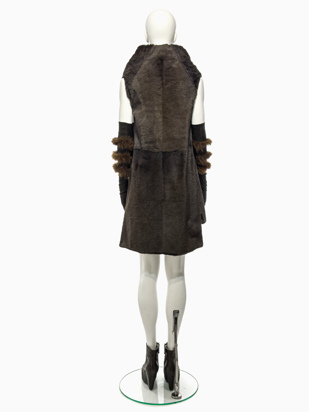 Rick Owens Brown Kangaroo Fur Asymmetrical Vest, Brown Lamb Leather Gloves with Fox Fur Bands and Brown Blistered Lamb Leather Wedges, Fall/Winter 2010 "Gleam"