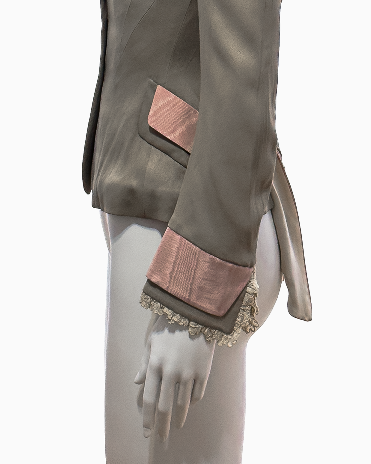 John Galliano Khaki Silk Jacket with Pink Moiré Accents and Lace Trim, Spring/Summer 1995