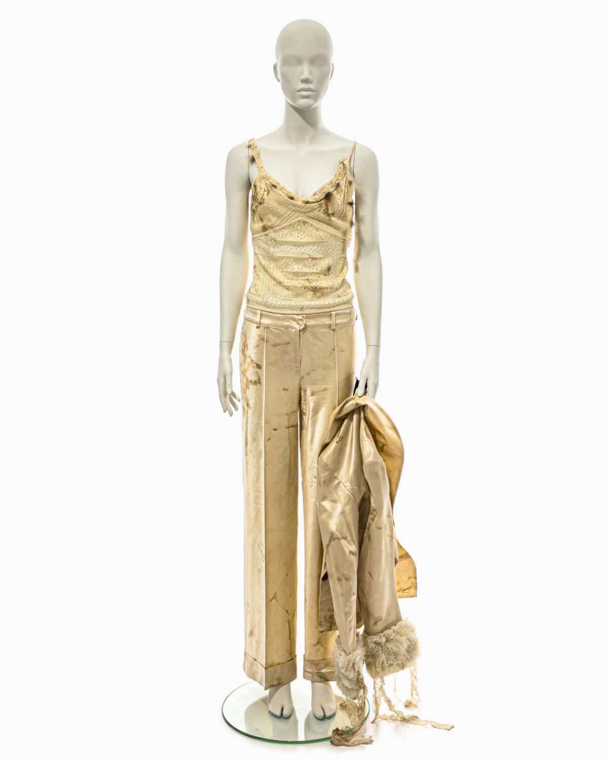 John Galliano Tea-Stained Cream Silk Top, Jacket and Pant Ensemble with Mongolian Lamb and Antique Lace Details, Fall/Winter 2001