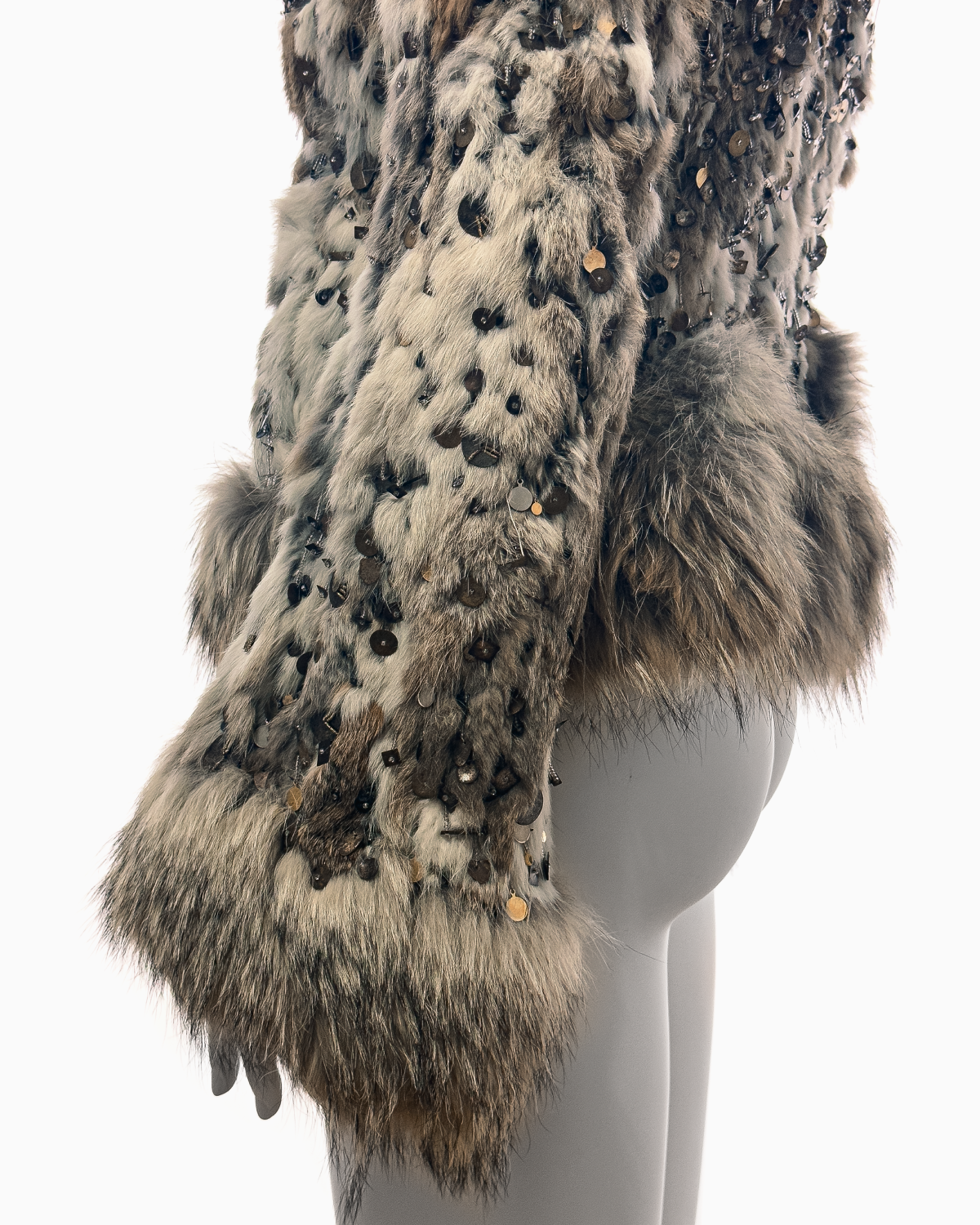 Alexander McQueen Beige Rabbit and Fox Fur Hooded Jacket with Bronze, Metal and Sequin Beads Embroidery, Fall/Winter 2003