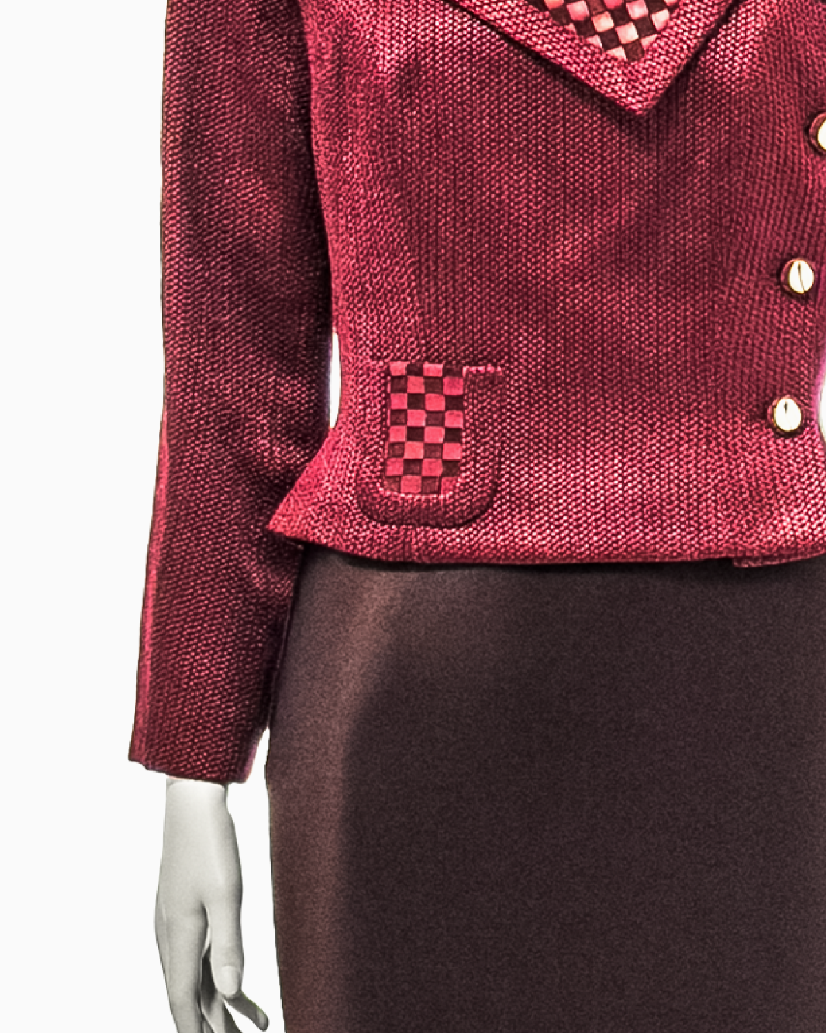 John Galliano Burgundy Viscose and Leather Jacket and Maxi Skirt Ensemble, Fall/Winter 1999 “Maori”