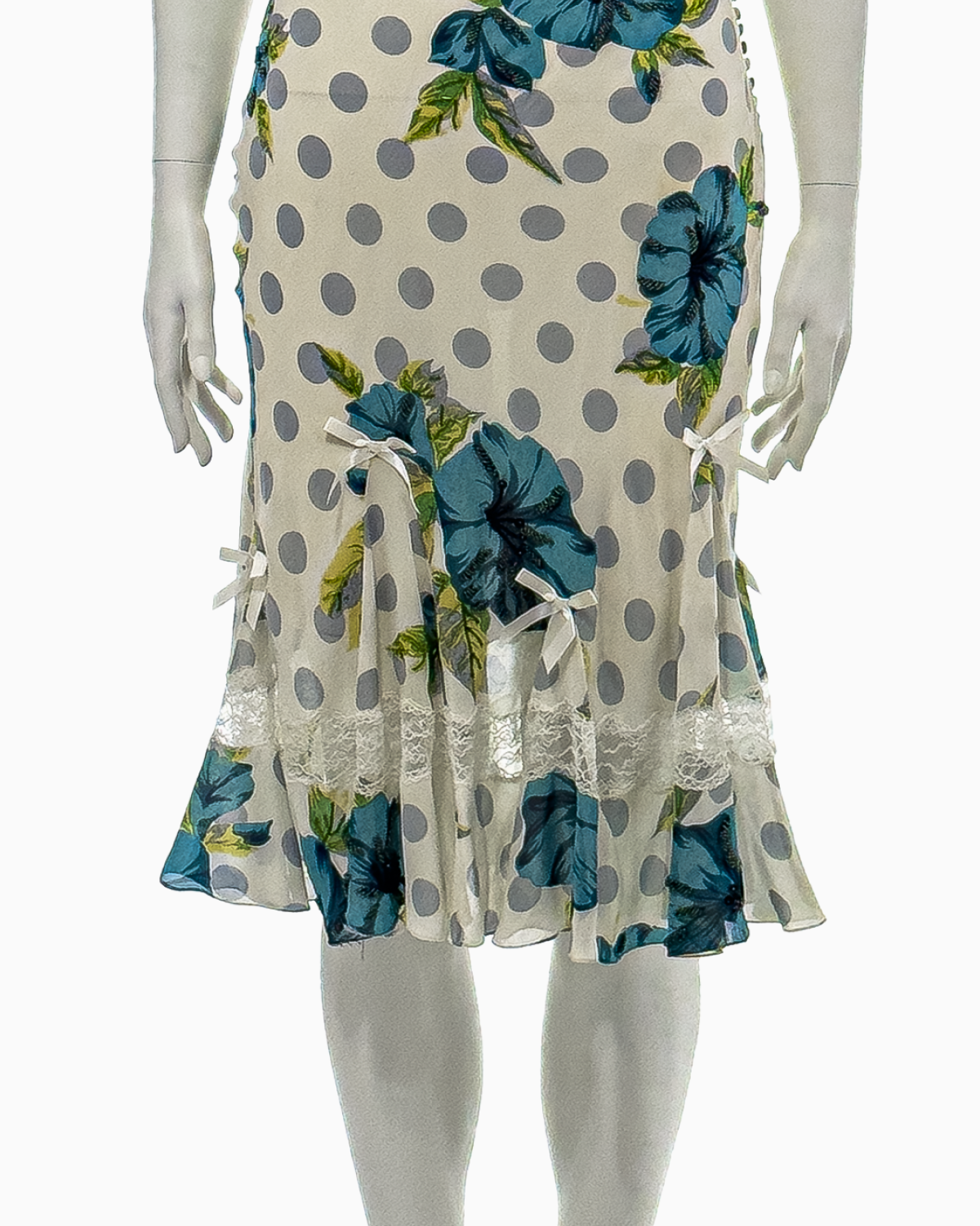 Christian Dior by John Galliano Blue Polka Dotted White Silk Midi Dress with Bows, Lace Details and Sequined Floral Motifs, Spring/Summer 2005