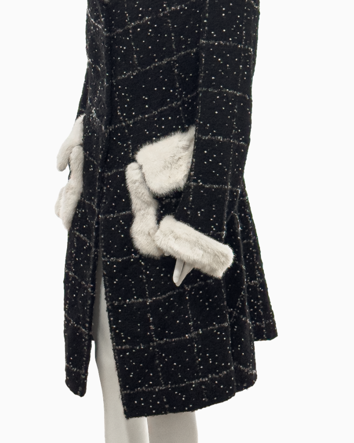 John Galliano Black Checkered Wool Coat with White Speckles and Fox Fur Trimming, Fall/Winter 1996