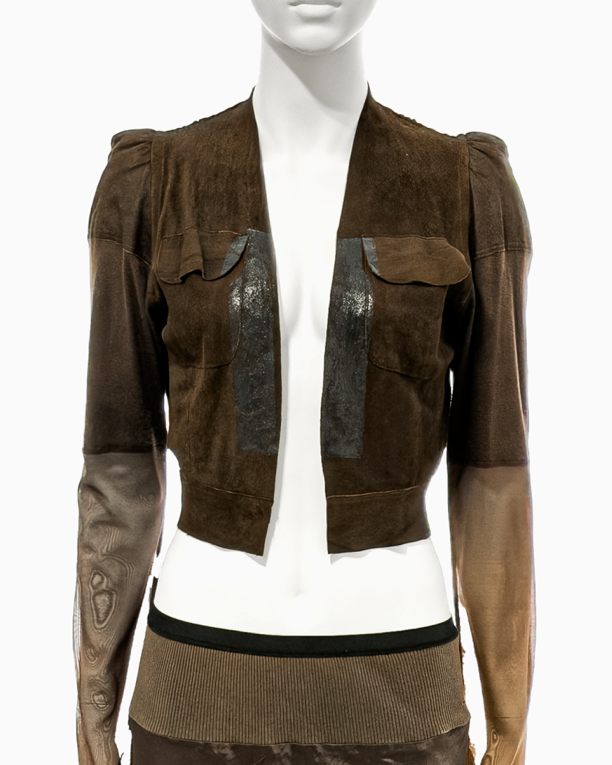 Rick Owens Brown Leather Jacket with Mesh Sleeves and Silk Fishtail Skirt Ensemble, 1997