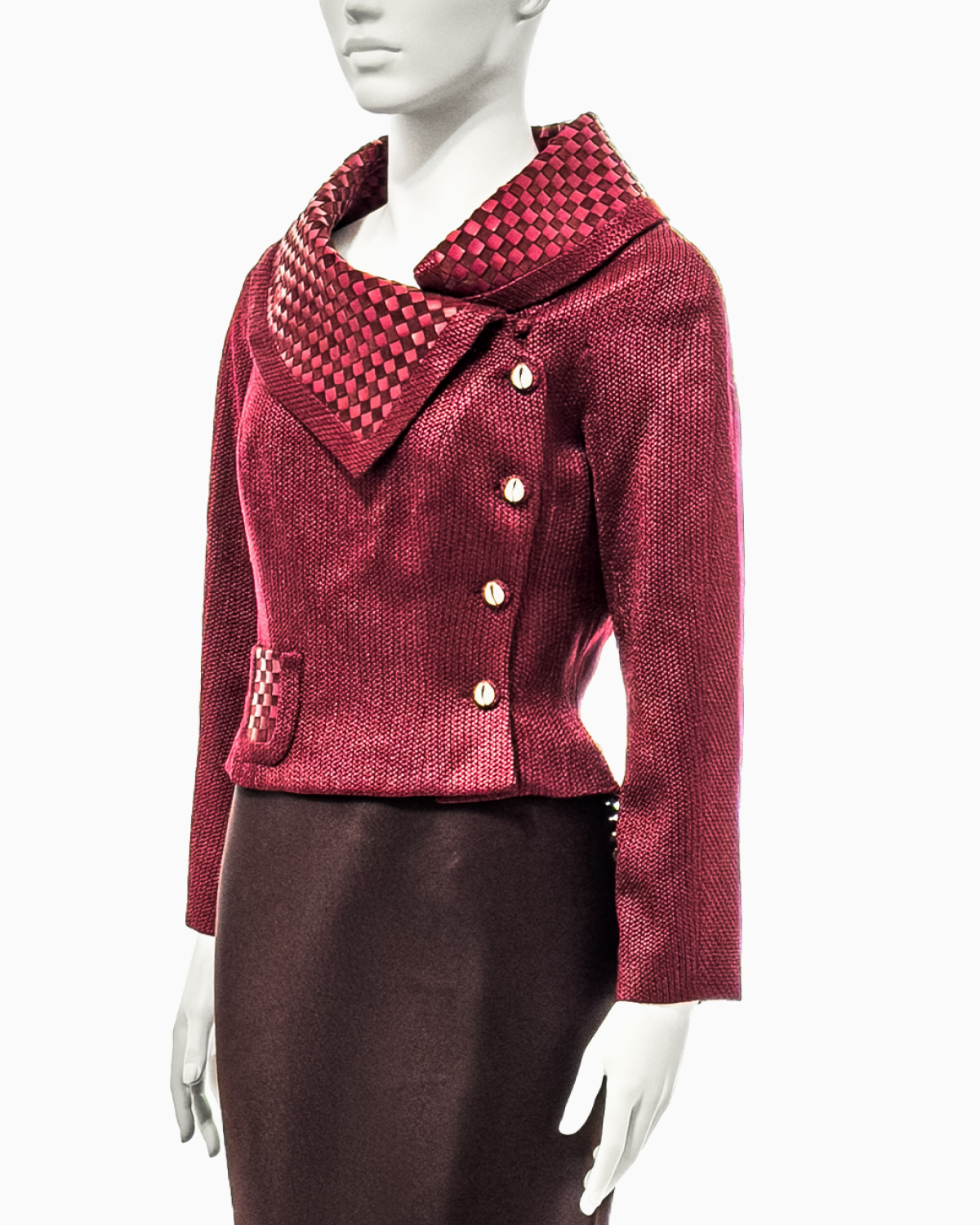 John Galliano Burgundy Viscose and Leather Jacket and Maxi Skirt Ensemble, Fall/Winter 1999 “Maori”
