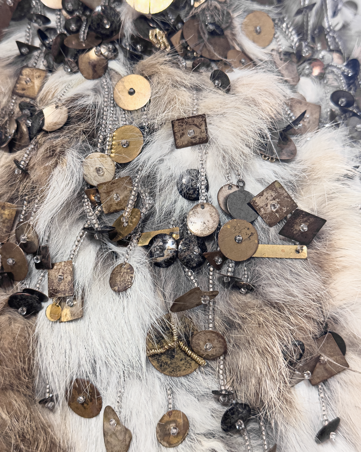 Alexander McQueen Beige Rabbit and Fox Fur Hooded Jacket with Bronze, Metal and Sequin Beads Embroidery, Fall/Winter 2003