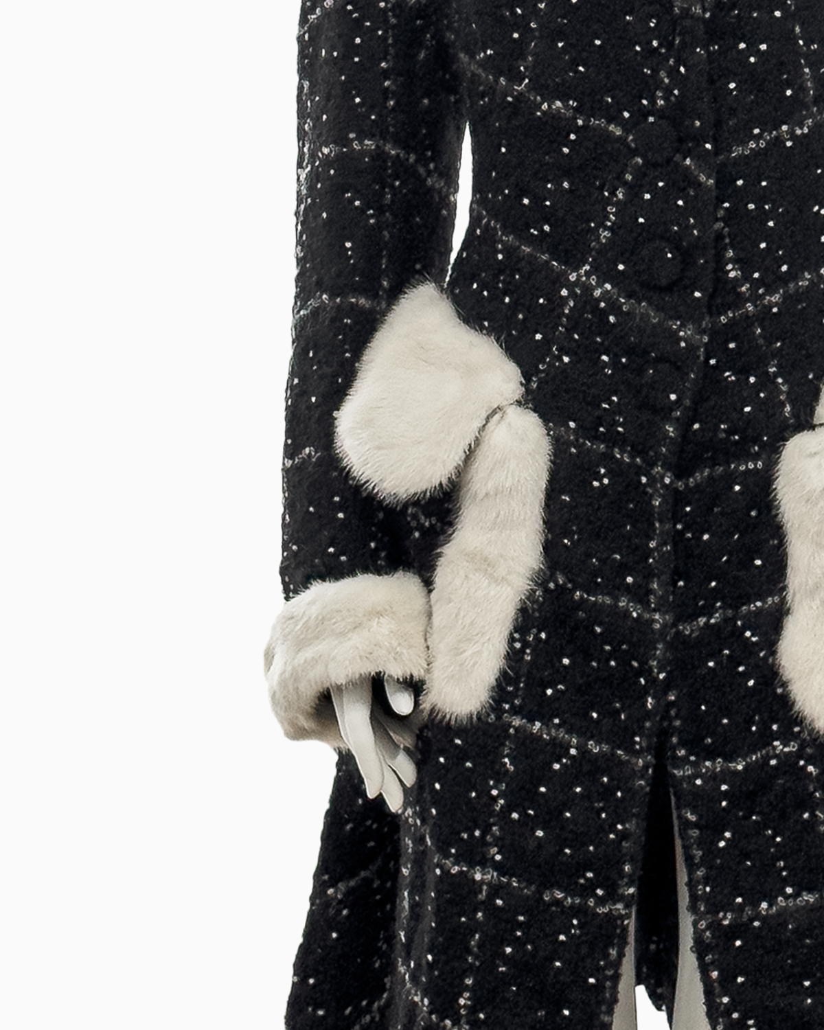 John Galliano Black Checkered Wool Coat with White Speckles and Fox Fur Trimming, Fall/Winter 1996