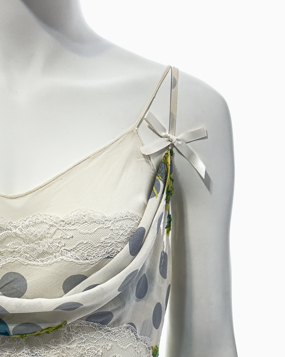Christian Dior by John Galliano Blue Polka Dotted White Silk Midi Dress with Bows, Lace Details and Sequined Floral Motifs, Spring/Summer 2005