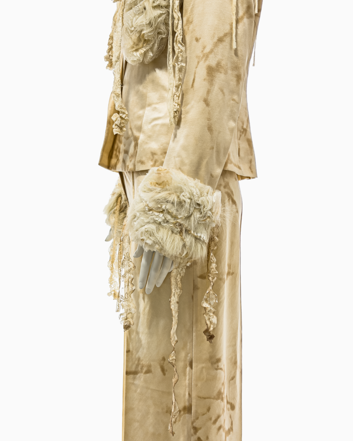 John Galliano Tea-Stained Cream Silk Top, Jacket and Pant Ensemble with Mongolian Lamb and Antique Lace Details, Fall/Winter 2001