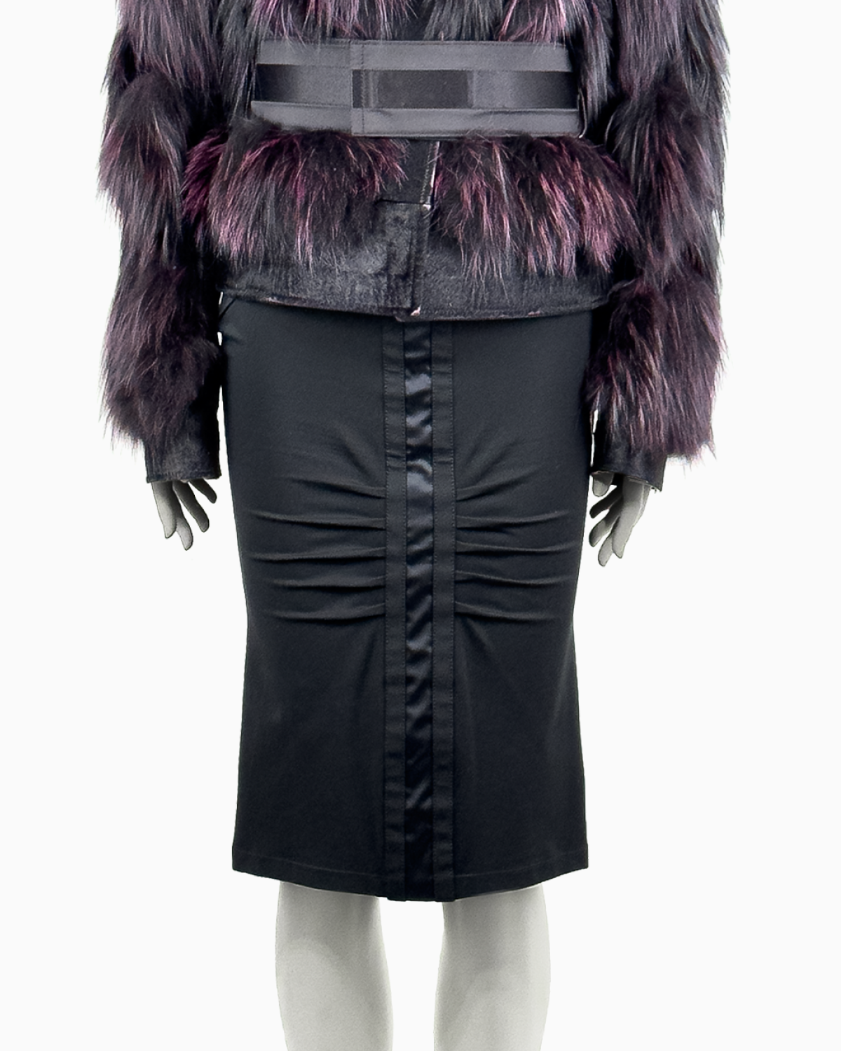 Gucci by Tom Ford Violet Fox Fur Leather Jacket with Corset Belt And Pencil Skirt Ensemble, Fall/Winter 2004