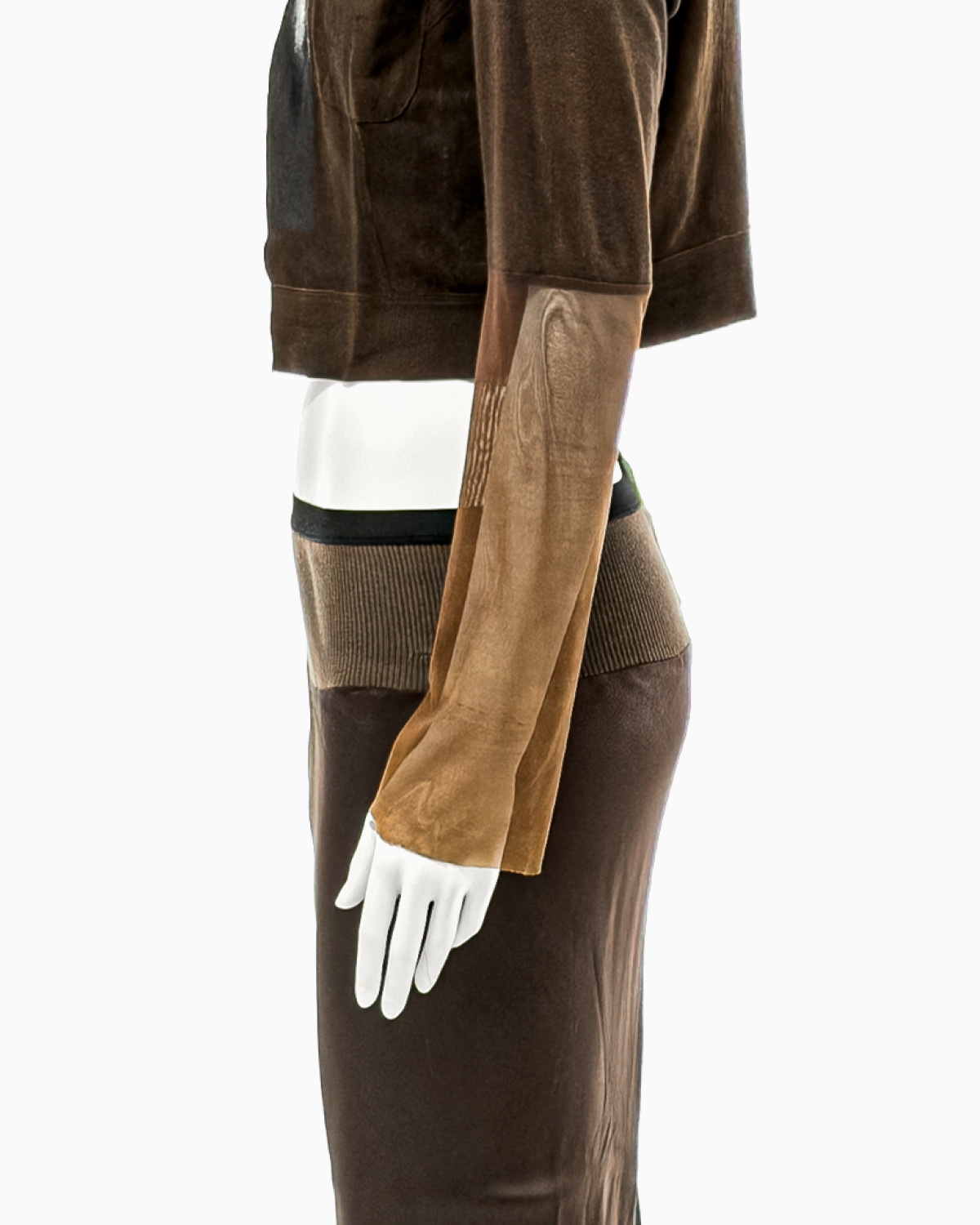 Rick Owens Brown Leather Jacket with Mesh Sleeves and Silk Fishtail Skirt Ensemble, 1997
