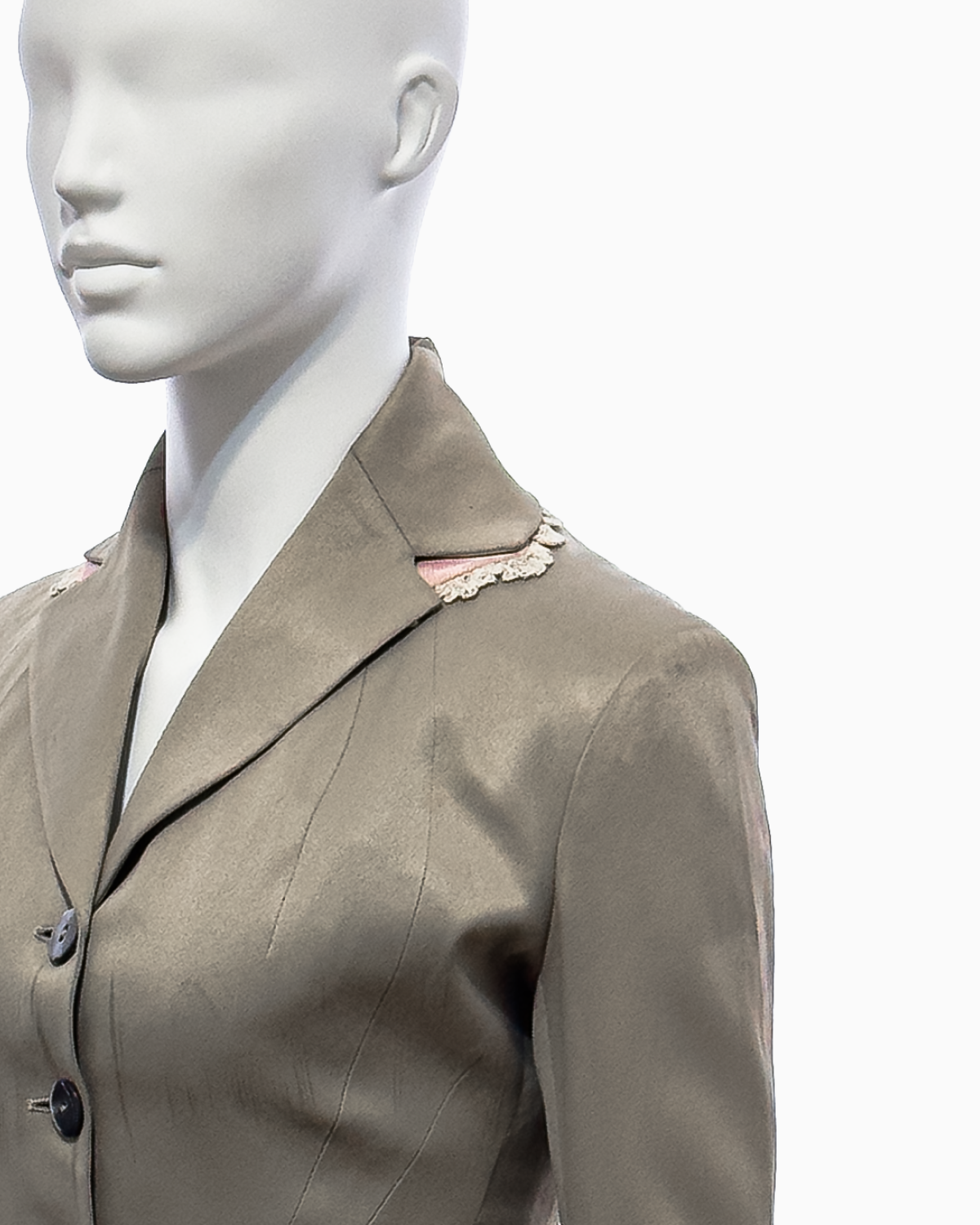 John Galliano Khaki Silk Jacket with Pink Moiré Accents and Lace Trim, Spring/Summer 1995