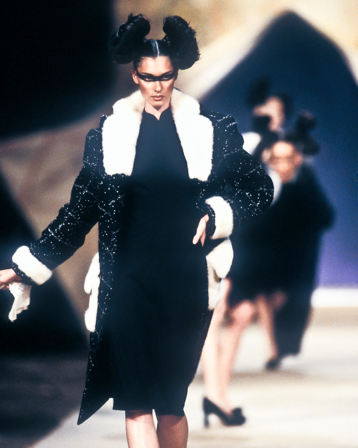 John Galliano Black Checkered Wool Coat with White Speckles and Fox Fur Trimming, Fall/Winter 1996