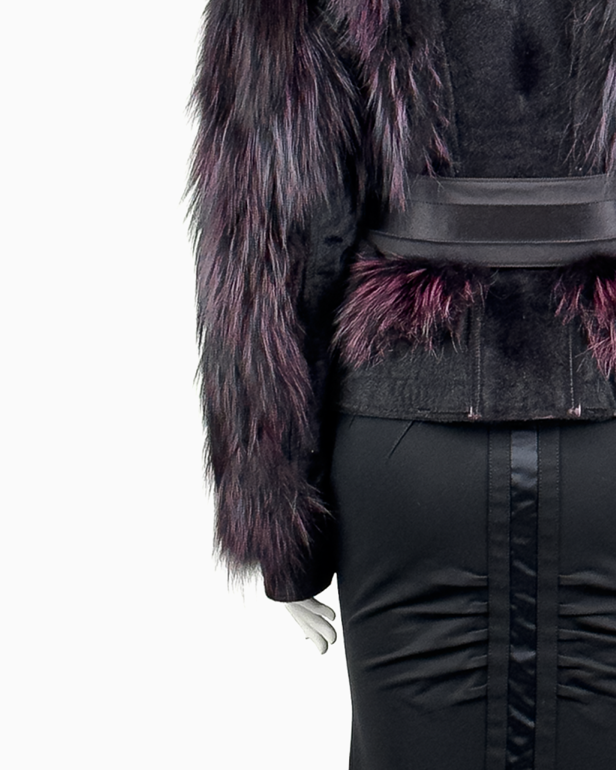 Gucci by Tom Ford Violet Fox Fur Leather Jacket with Corset Belt And Pencil Skirt Ensemble, Fall/Winter 2004