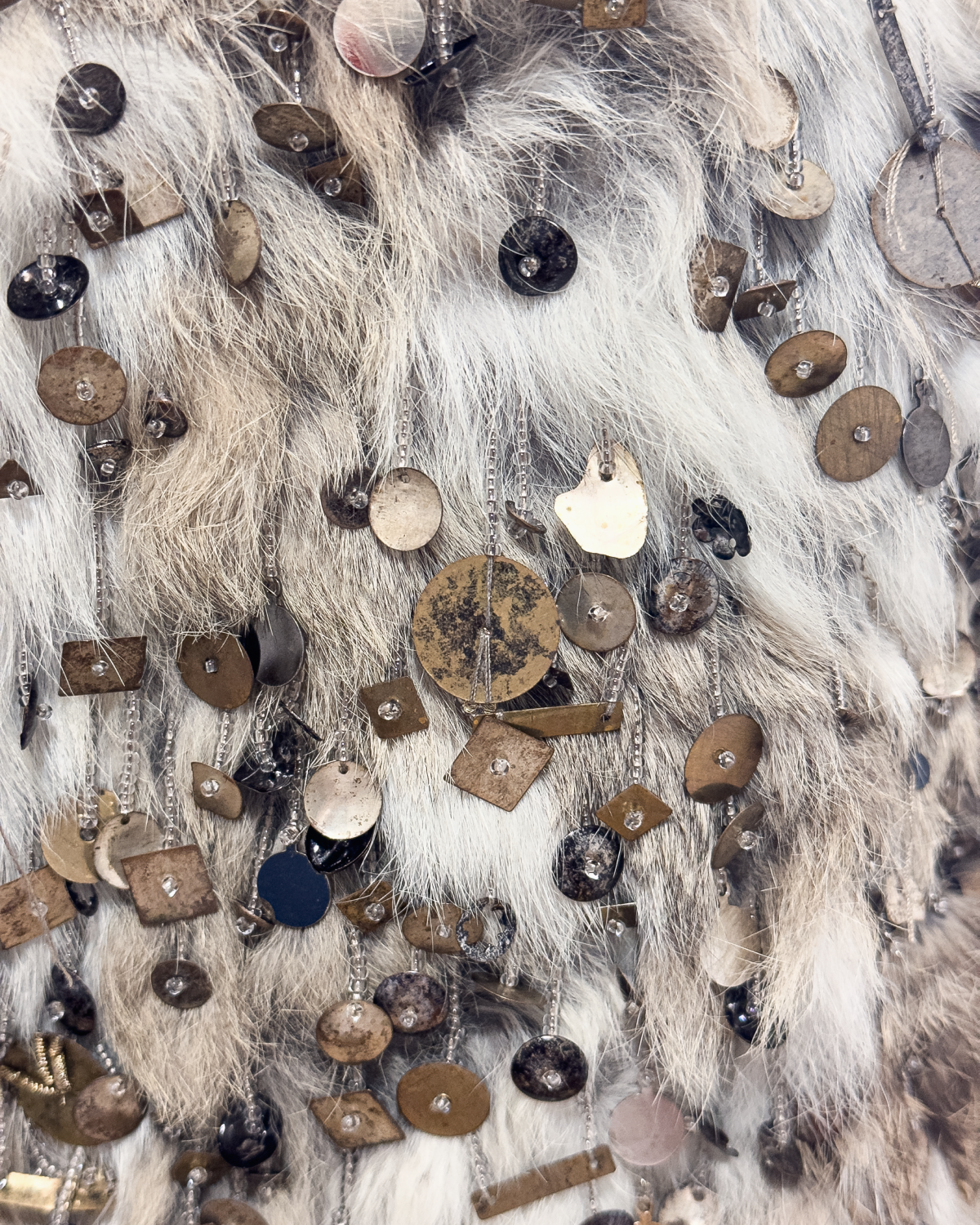 Alexander McQueen Beige Rabbit and Fox Fur Hooded Jacket with Bronze, Metal and Sequin Beads Embroidery, Fall/Winter 2003