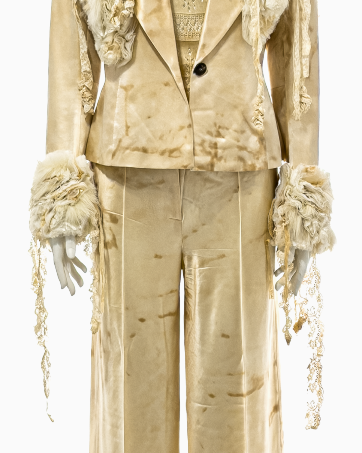 John Galliano Tea-Stained Cream Silk Top, Jacket and Pant Ensemble with Mongolian Lamb and Antique Lace Details, Fall/Winter 2001