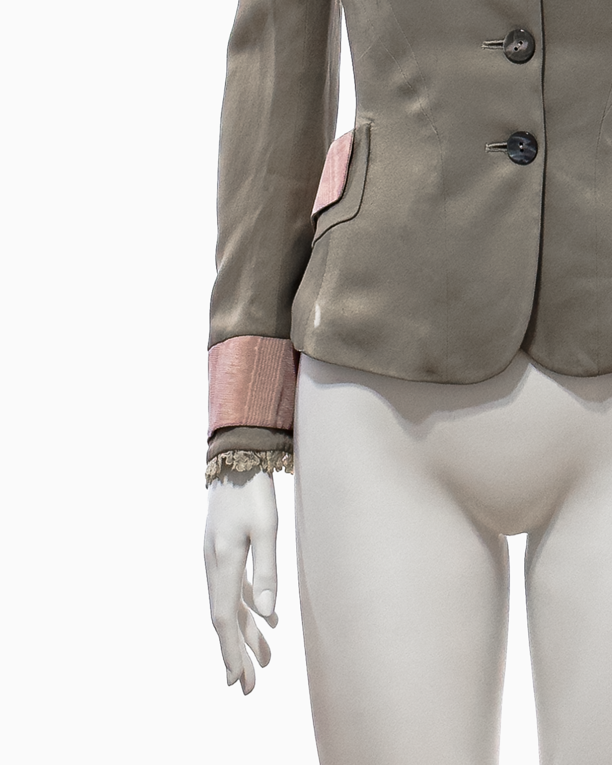 John Galliano Khaki Silk Jacket with Pink Moiré Accents and Lace Trim, Spring/Summer 1995