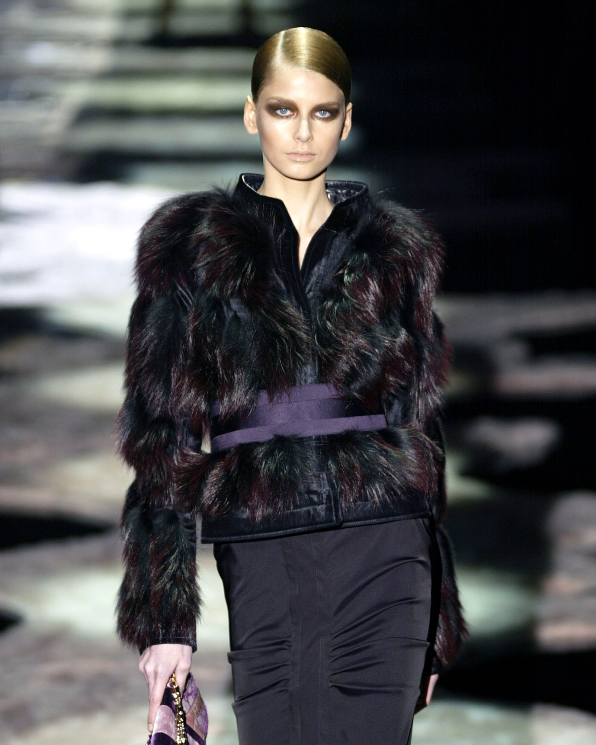 Gucci by Tom Ford Violet Fox Fur Leather Jacket with Corset Belt And Pencil Skirt Ensemble, Fall/Winter 2004