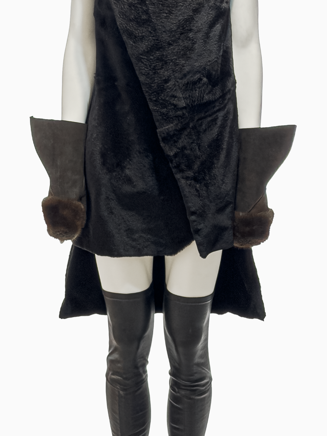 Rick Owens Black Kangaroo Fur Asymmetrical Vest, Grey Leather Gloves with Mink Trimming and Black Lamb Leather Wedges, Fall/Winter 2010 "Gleam"