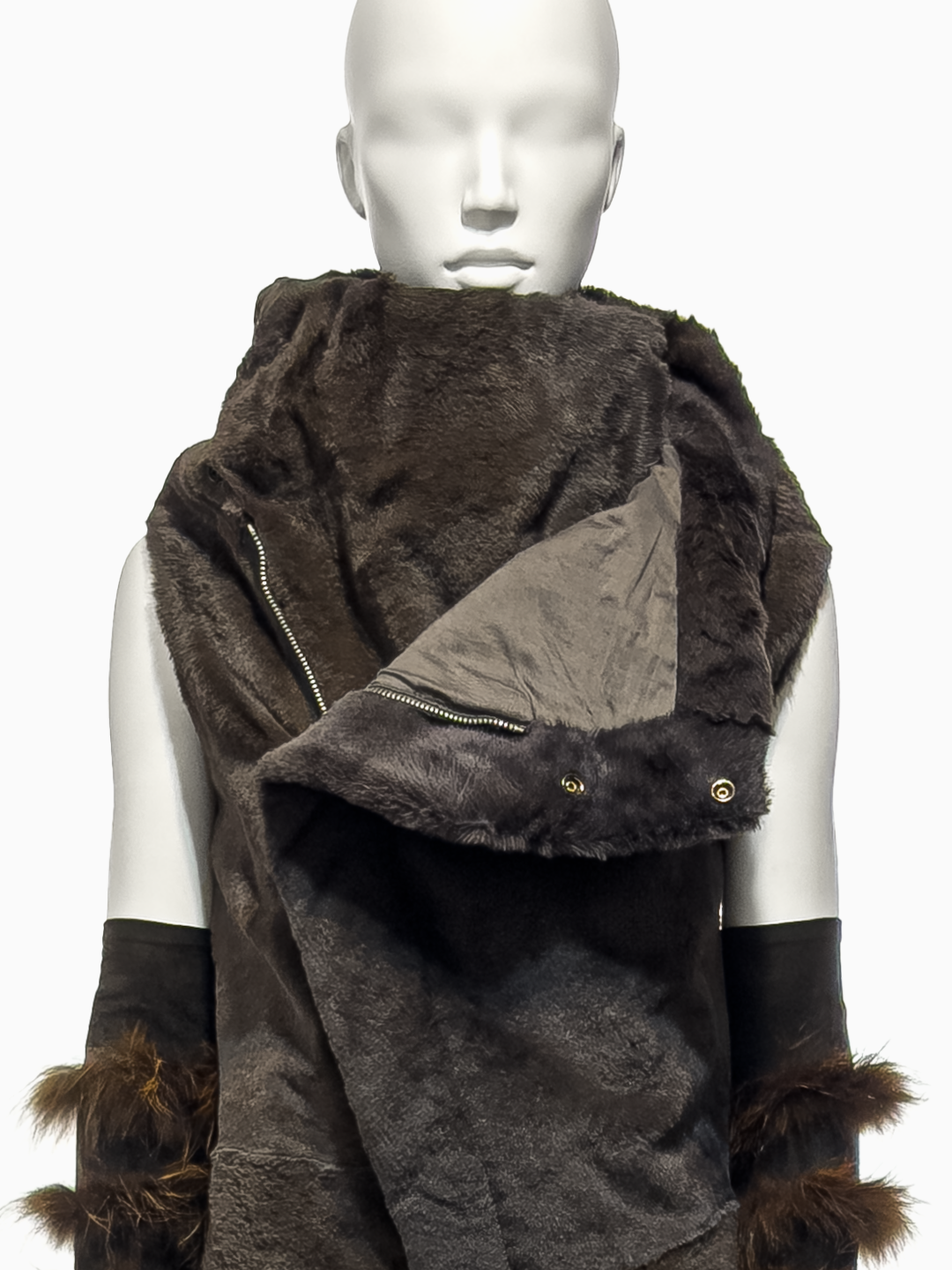 Rick Owens Brown Kangaroo Fur Asymmetrical Vest, Brown Lamb Leather Gloves with Fox Fur Bands and Brown Blistered Lamb Leather Wedges, Fall/Winter 2010 "Gleam"