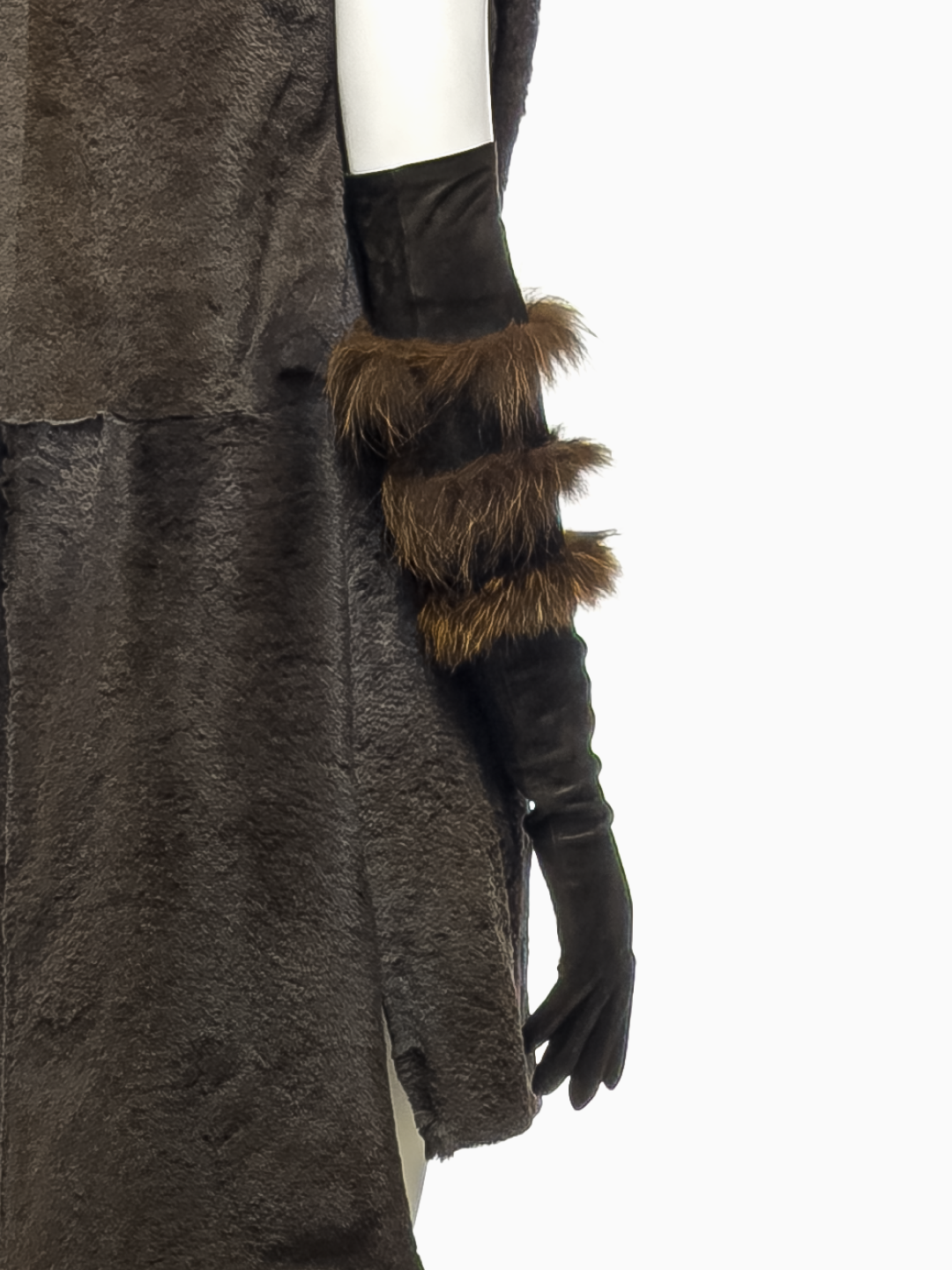 Rick Owens Brown Kangaroo Fur Asymmetrical Vest, Brown Lamb Leather Gloves with Fox Fur Bands and Brown Blistered Lamb Leather Wedges, Fall/Winter 2010 "Gleam"