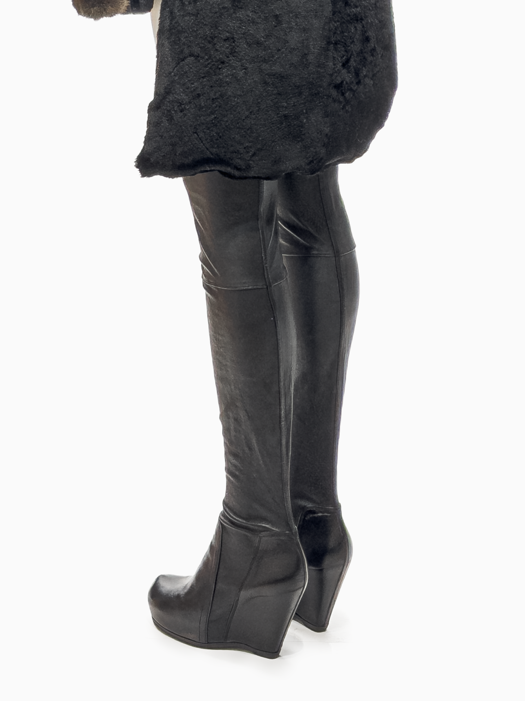 Rick Owens Black Kangaroo Fur Asymmetrical Vest, Grey Leather Gloves with Mink Trimming and Black Lamb Leather Wedges, Fall/Winter 2010 "Gleam"